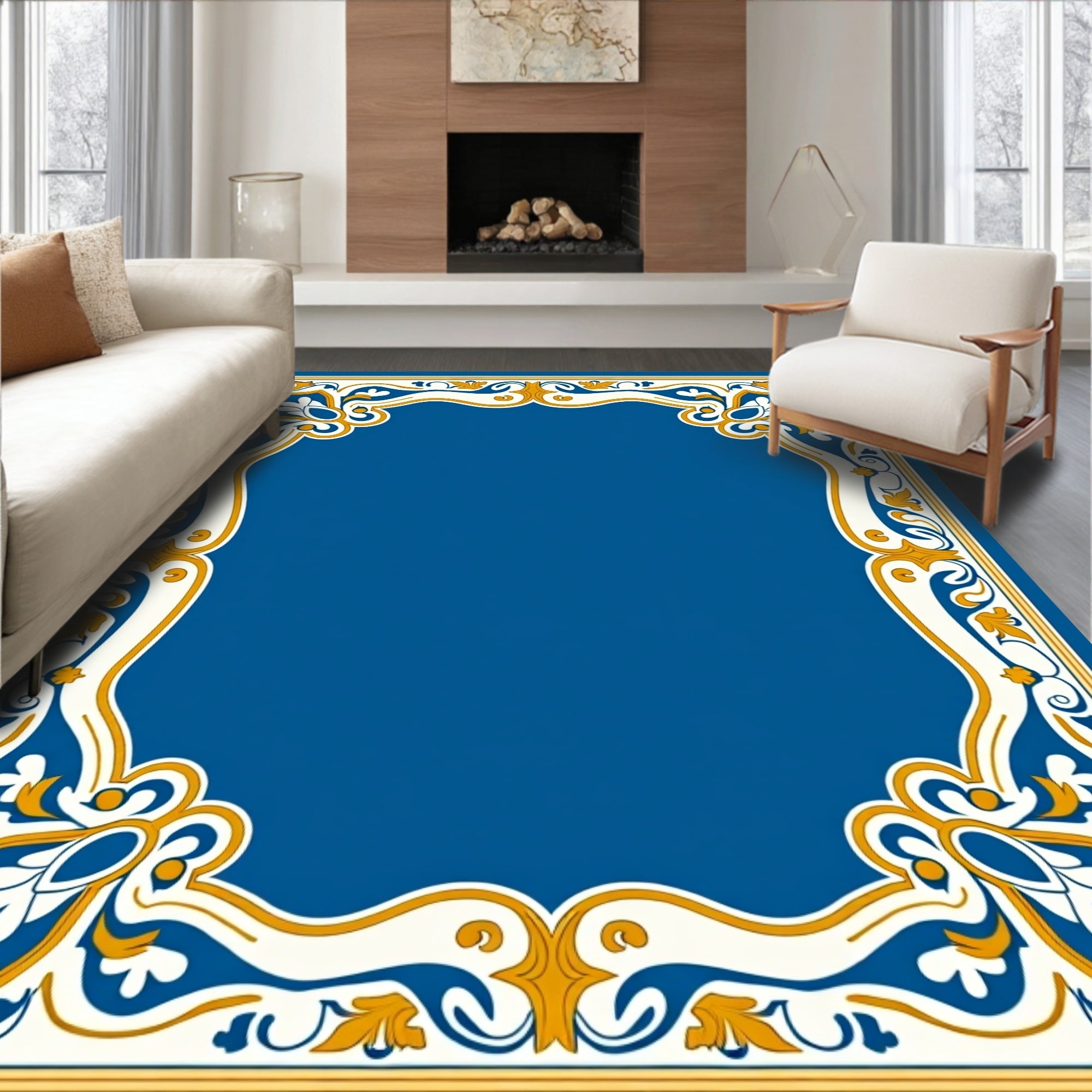 Intricate Gold Blue Floral Pattern Rug