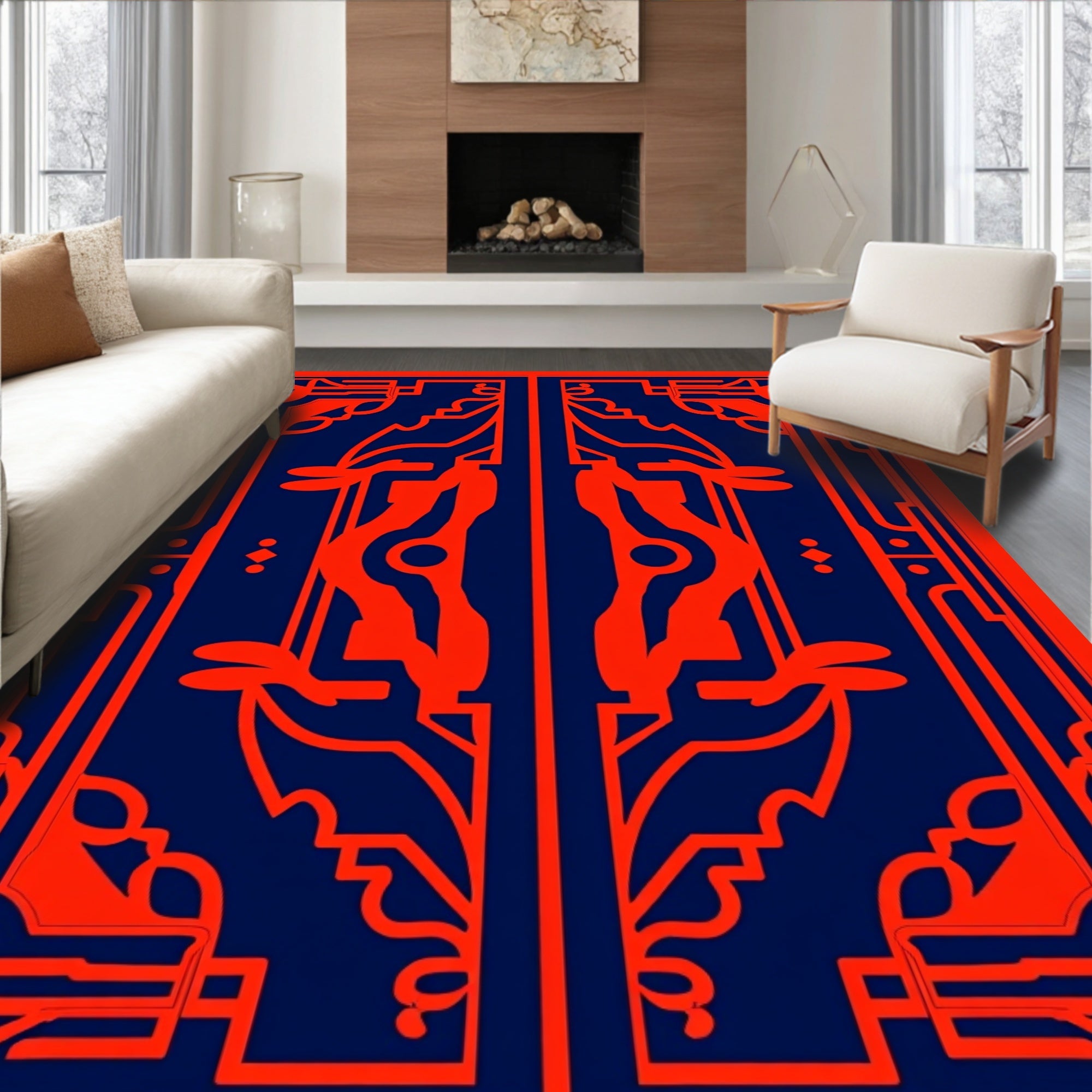 Bold Red On Blue Abstract Pattern Rug