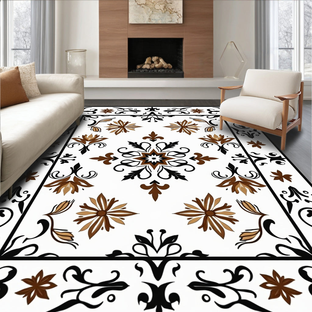 Ornate Floral Motif Brown Brown Rug