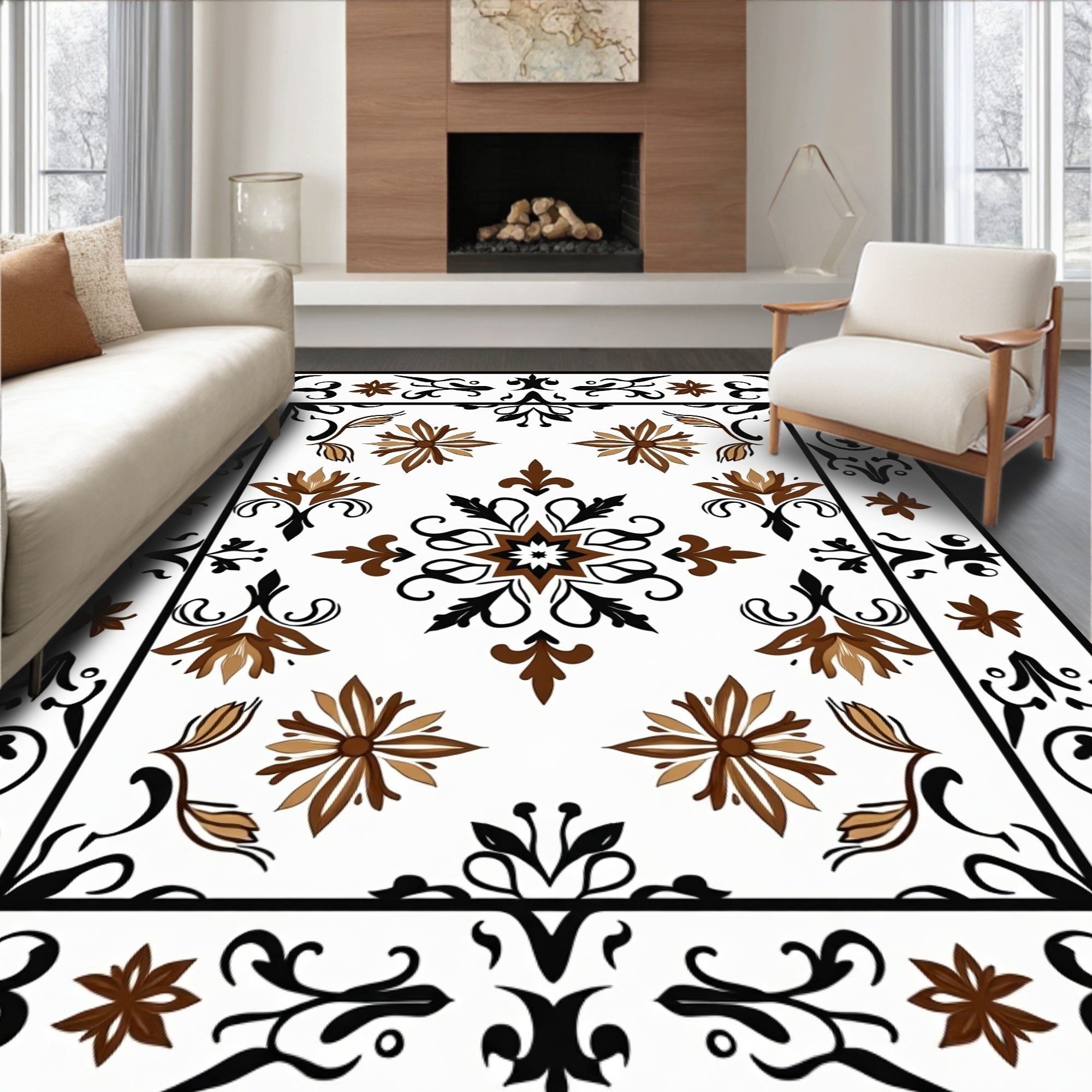 Ornate Floral Motif Brown Brown Rug