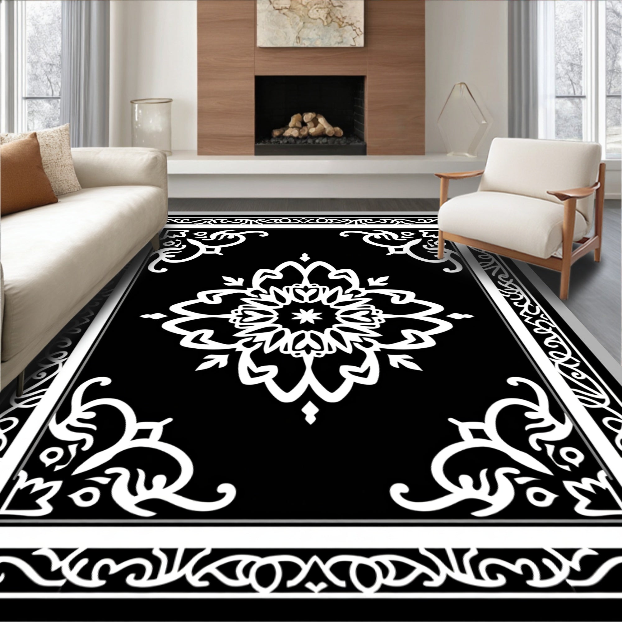 Monochromatic Opulent Floral Border Rug