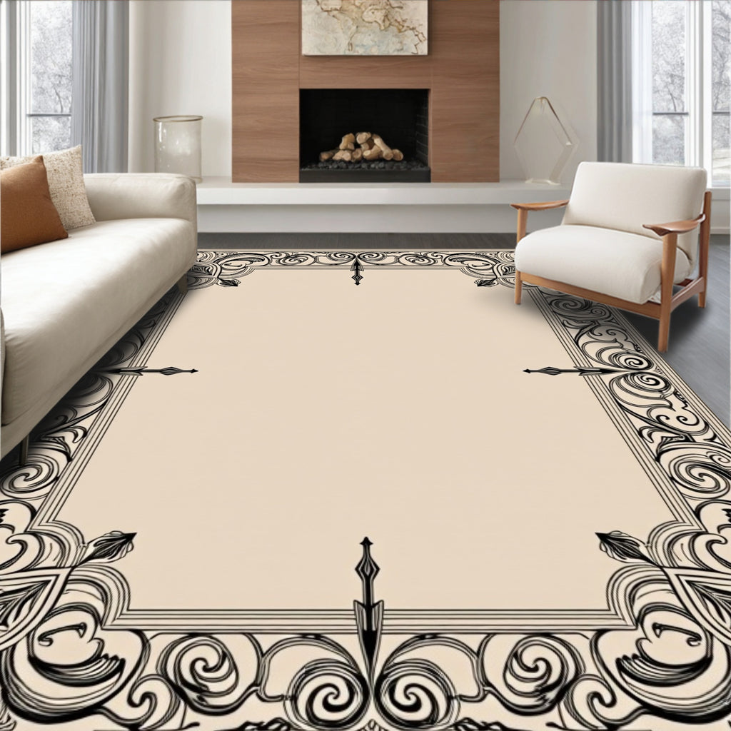 Ornate Scrollwork Black Border Rug