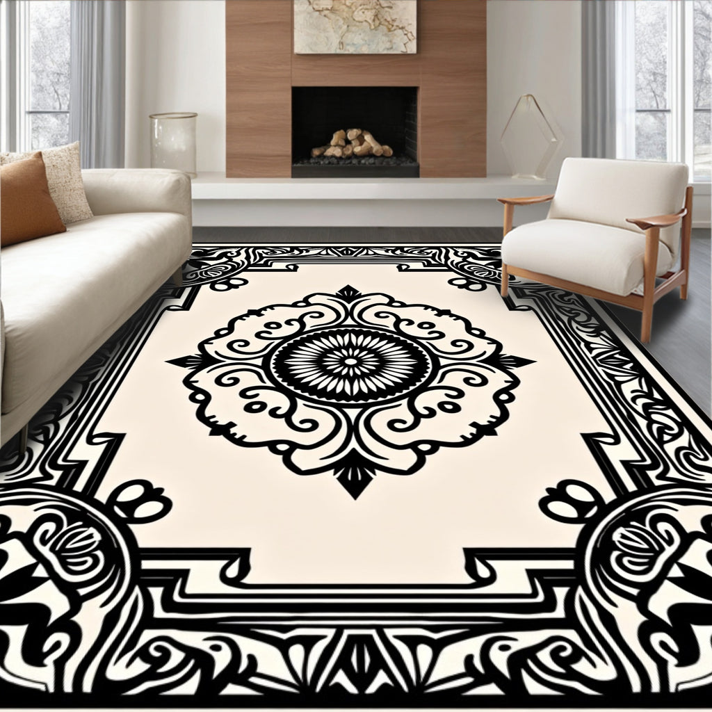 Elegant Black Cream Medallion Rug