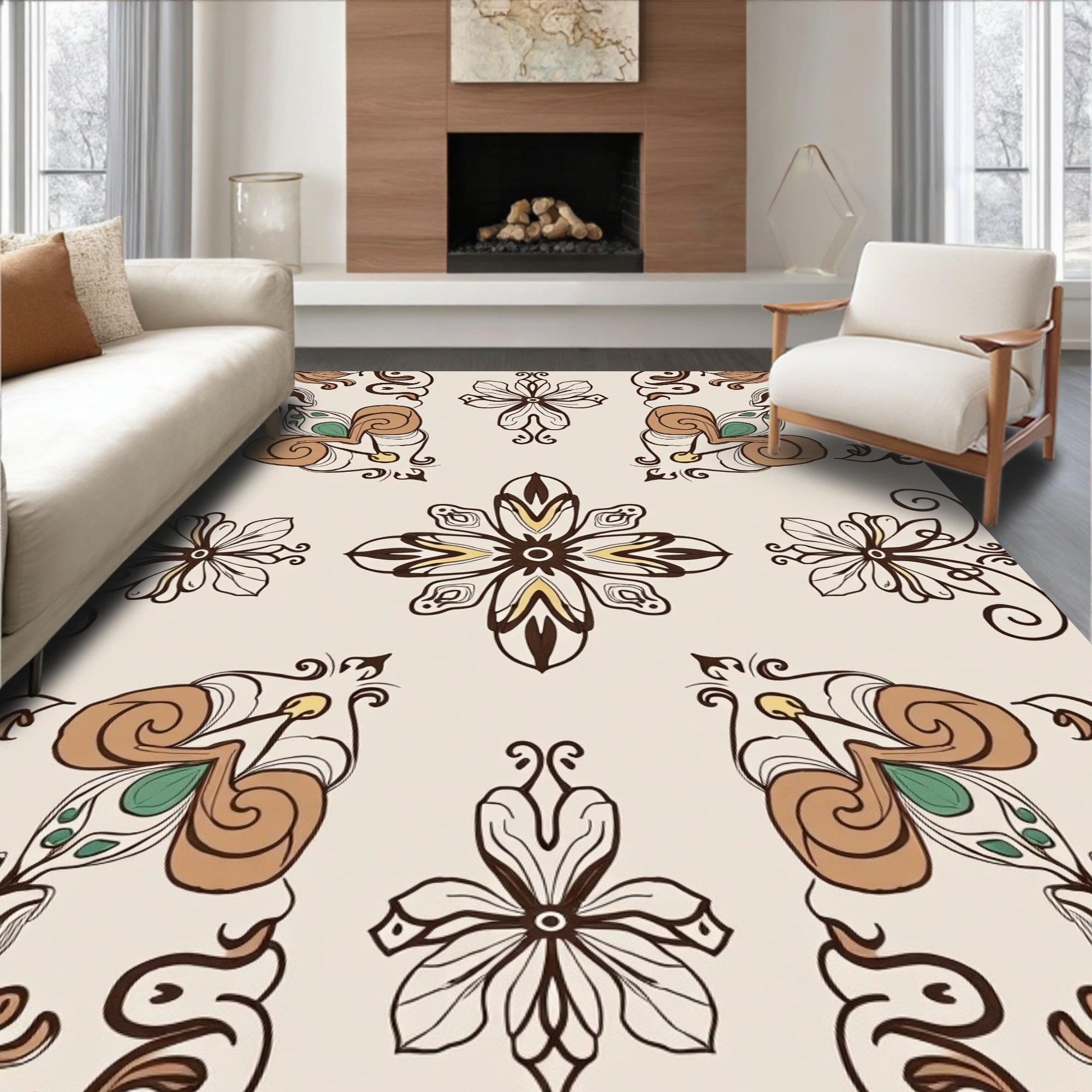 Artistic Scrollwork Floral Pattern Rug