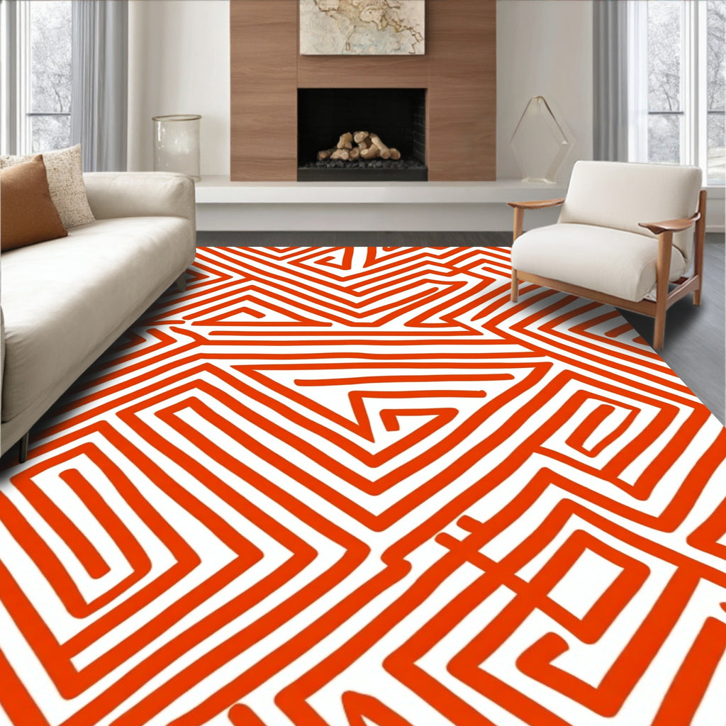 Bold Red Abstract Maze Pattern Rug