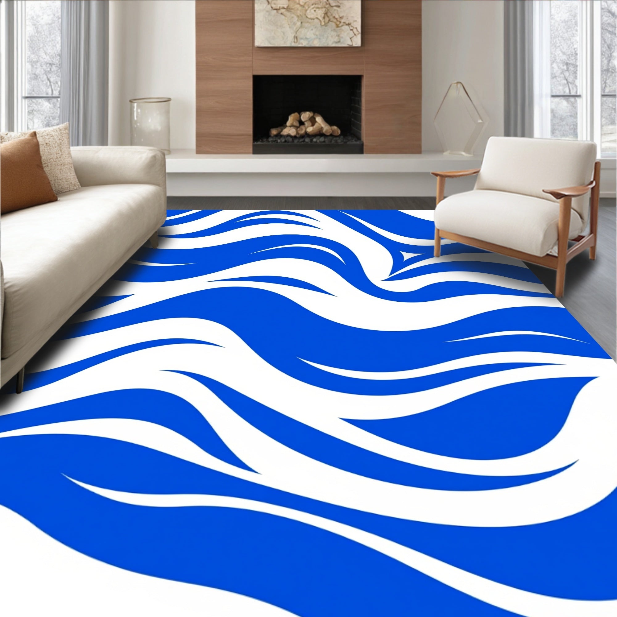 Abstract Blue And White Flowing Waves Pattern Rug
