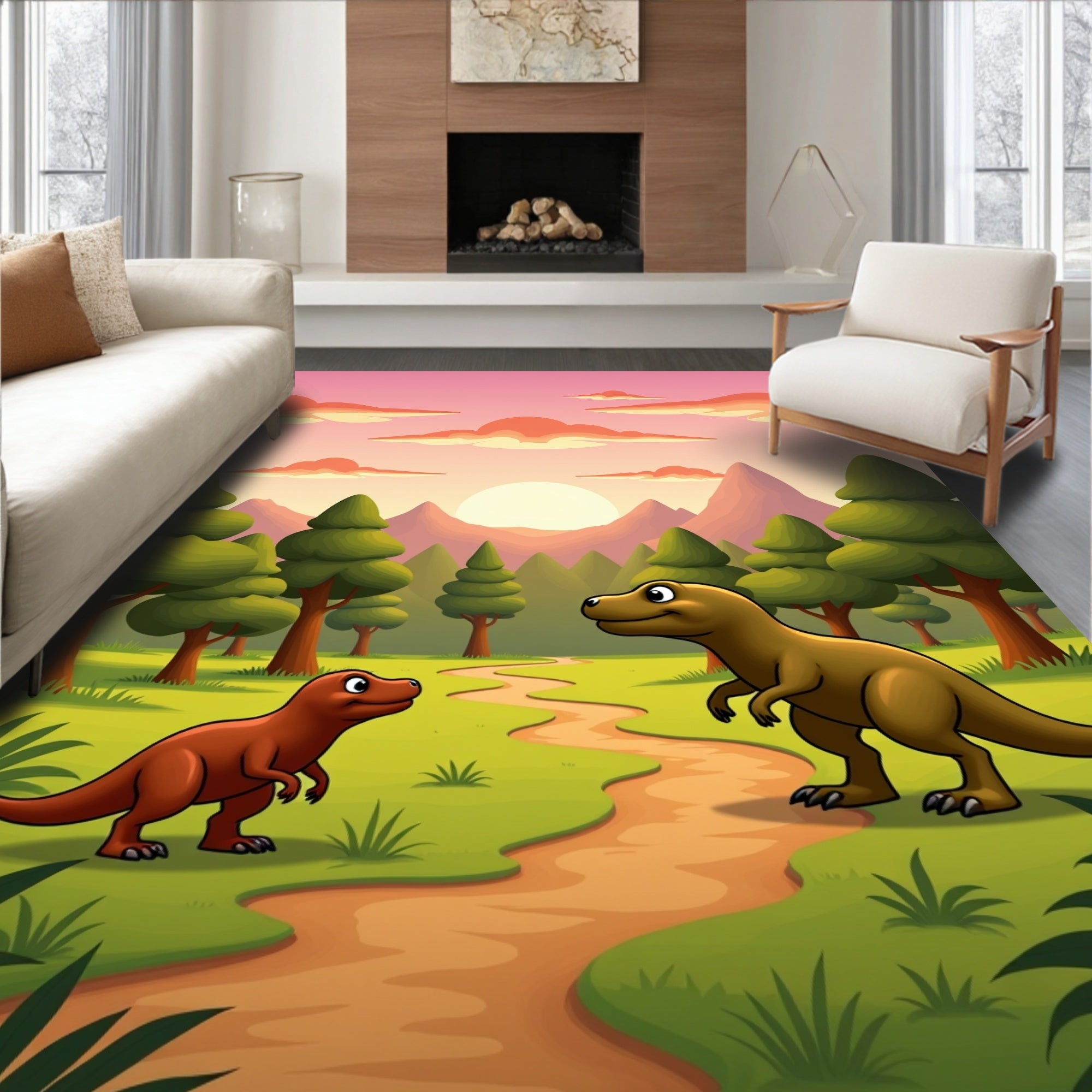 Whimsical Dinosaur Nature Path Rug