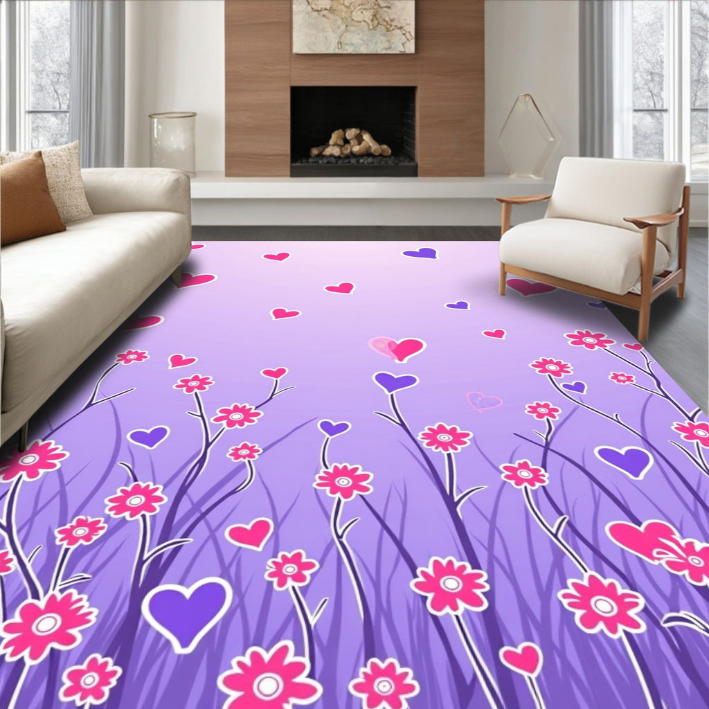 Whimsical Pink Purple Hearts Floral Meadow Rug