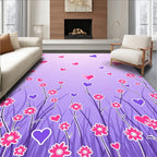 Whimsical Pink Purple Hearts Floral Meadow Rug