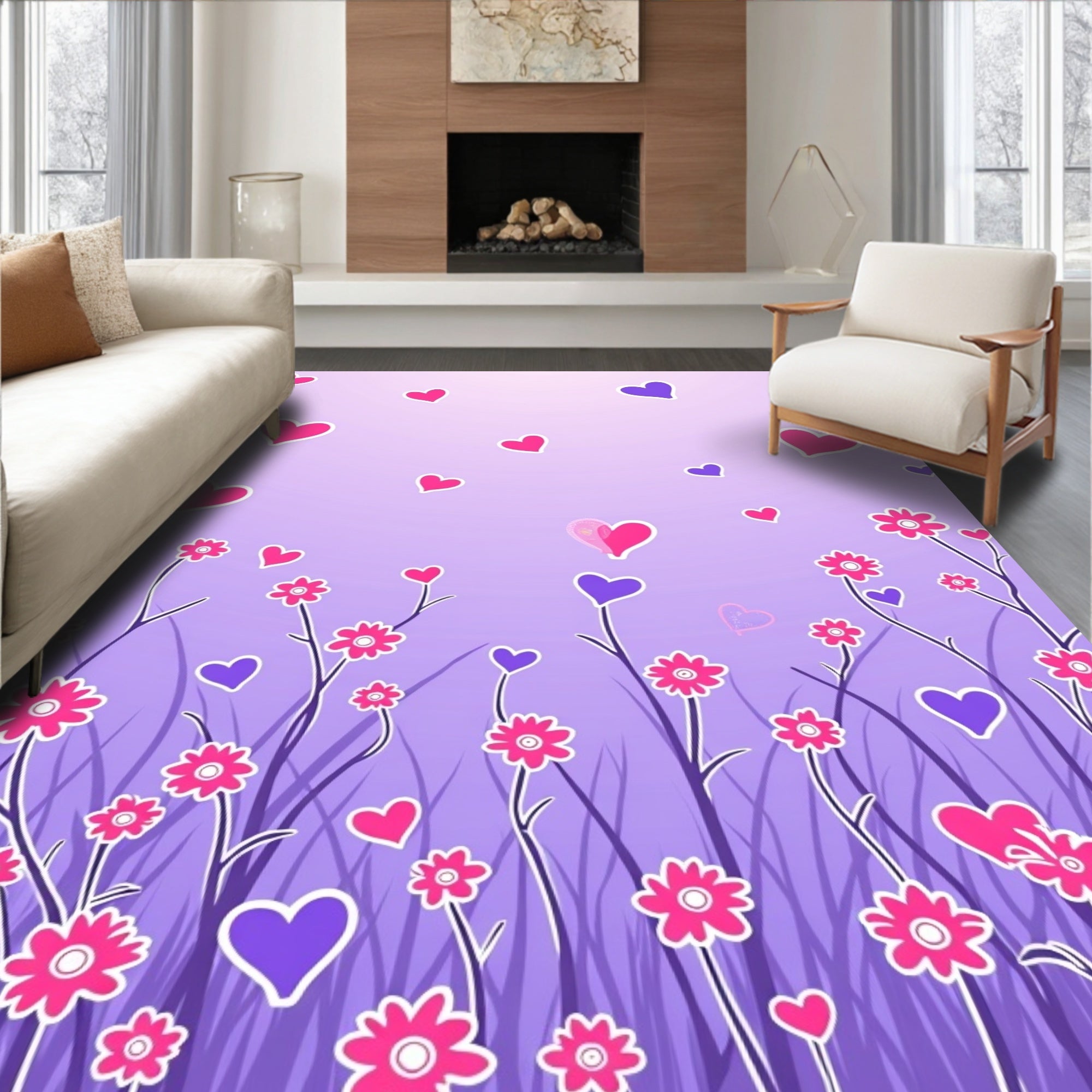 Whimsical Pink Purple Hearts Floral Meadow Rug
