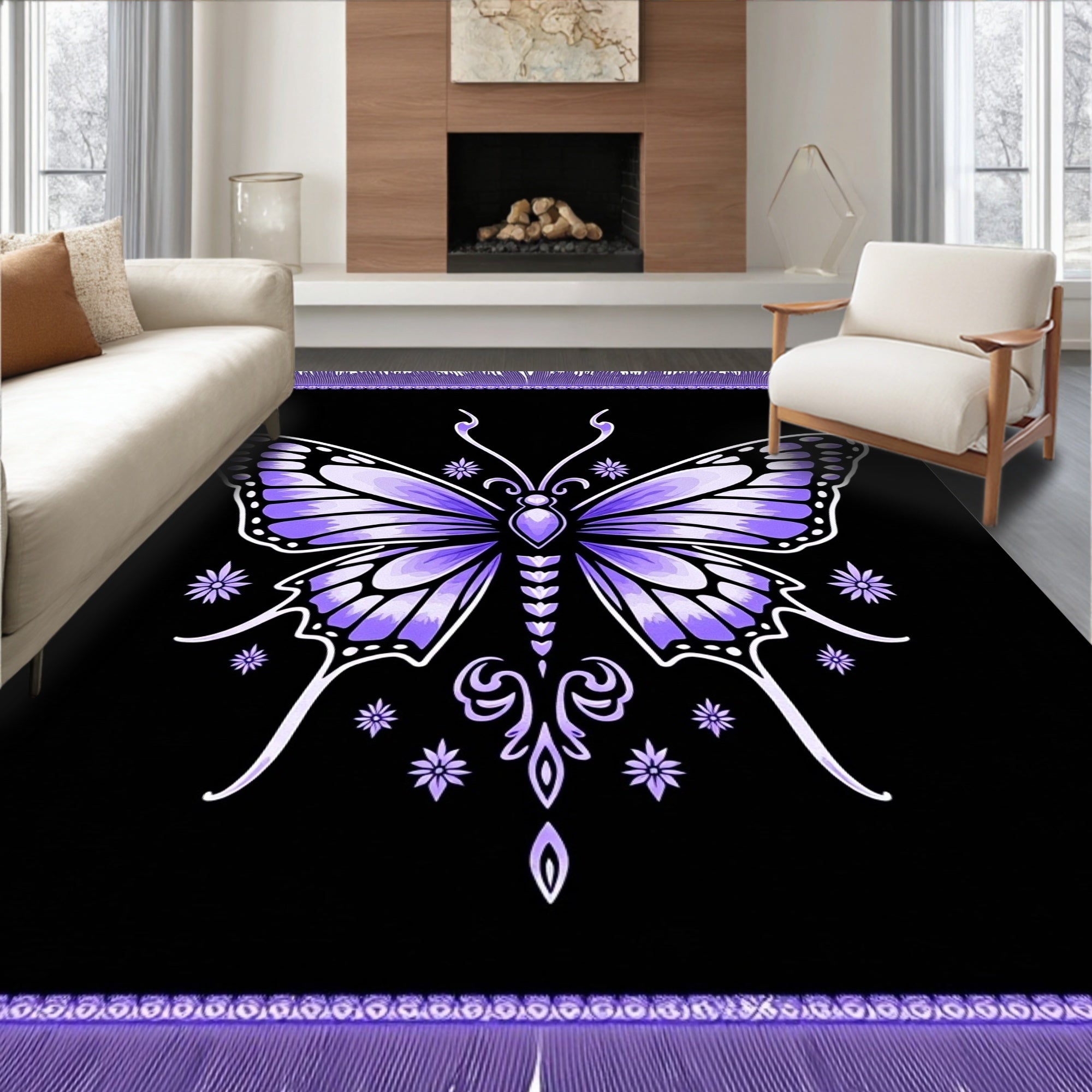 Whimsical Purple Butterfly Black Rug