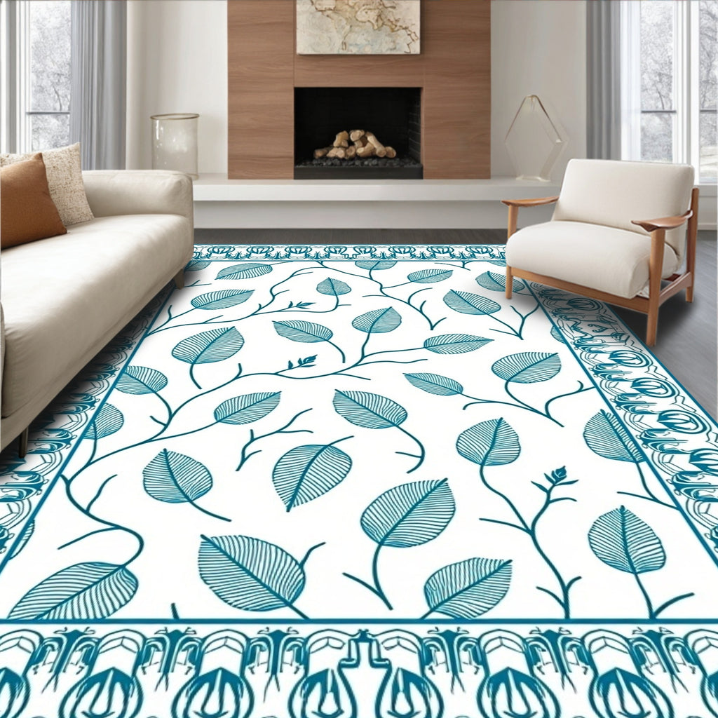 Teal Leaf Vine Border Design Rug
