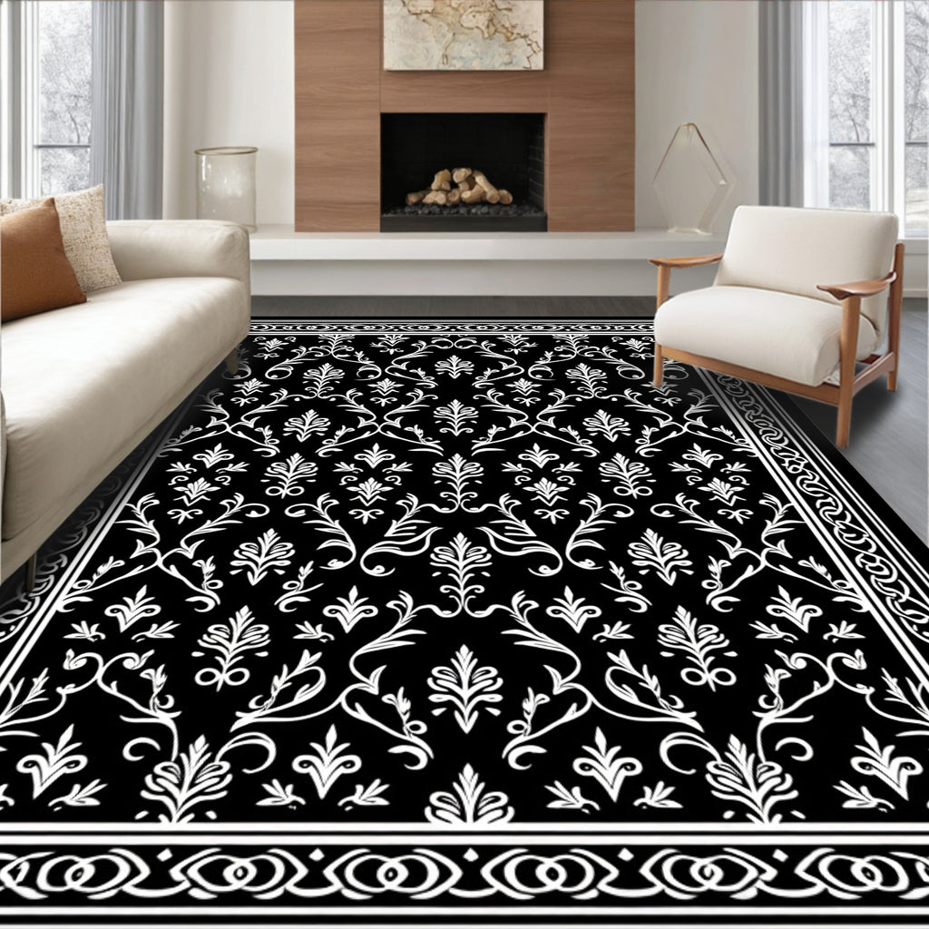 Elegant Black White Floral Damask Rug
