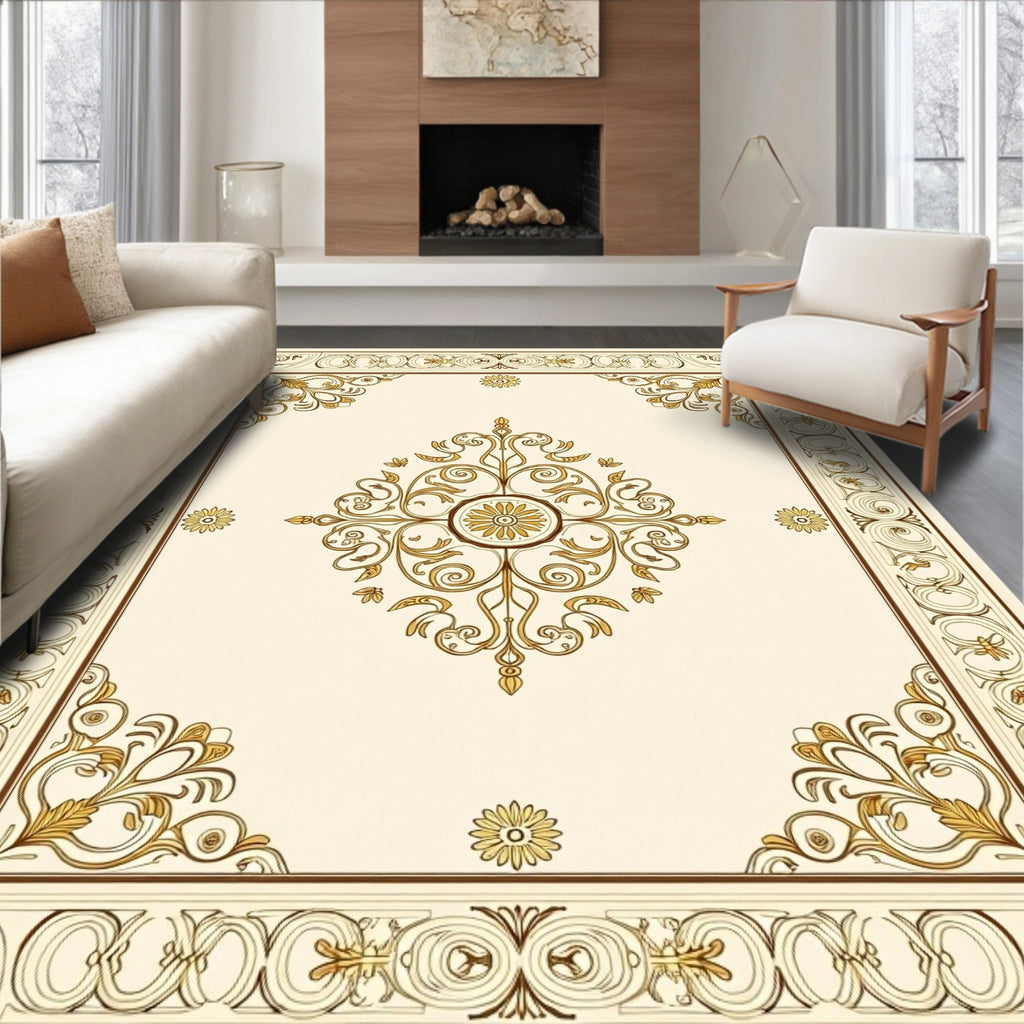 Cream Gold Ornate Floral Scroll Design Rug