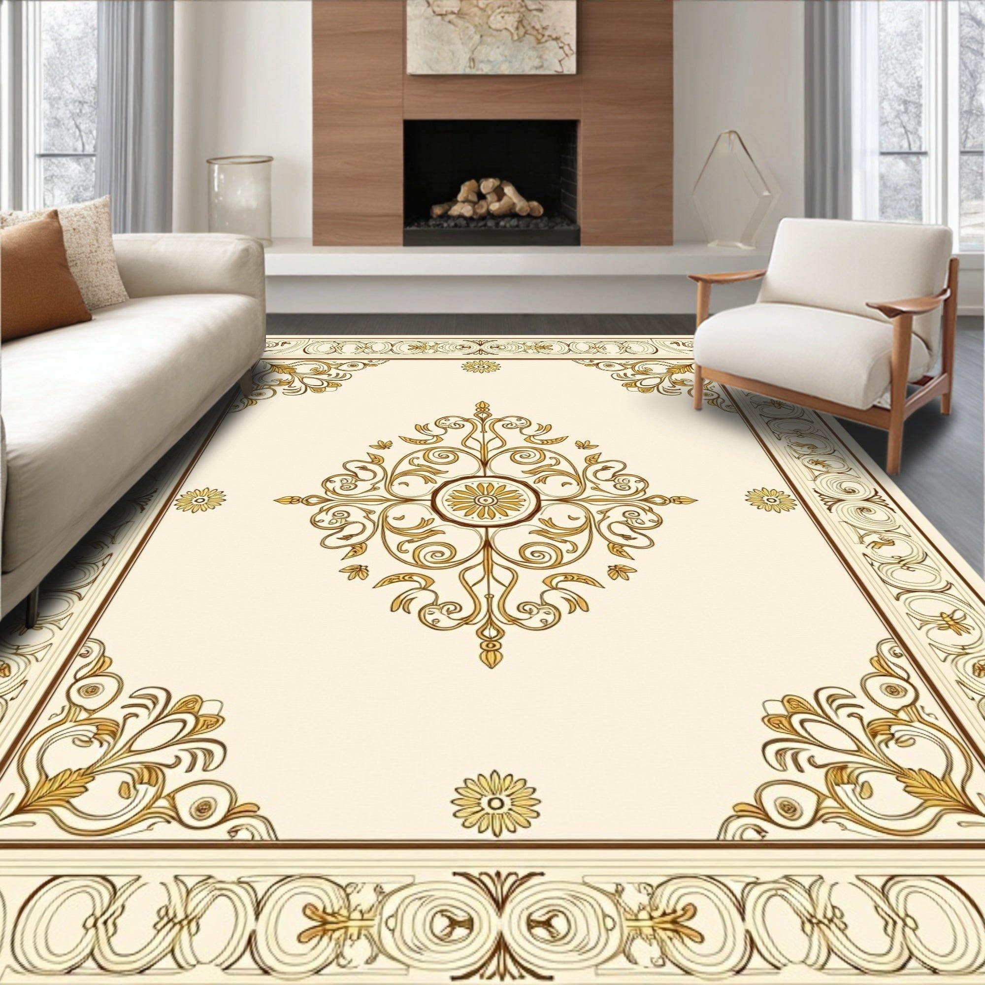 Cream Gold Ornate Floral Scroll Design Rug