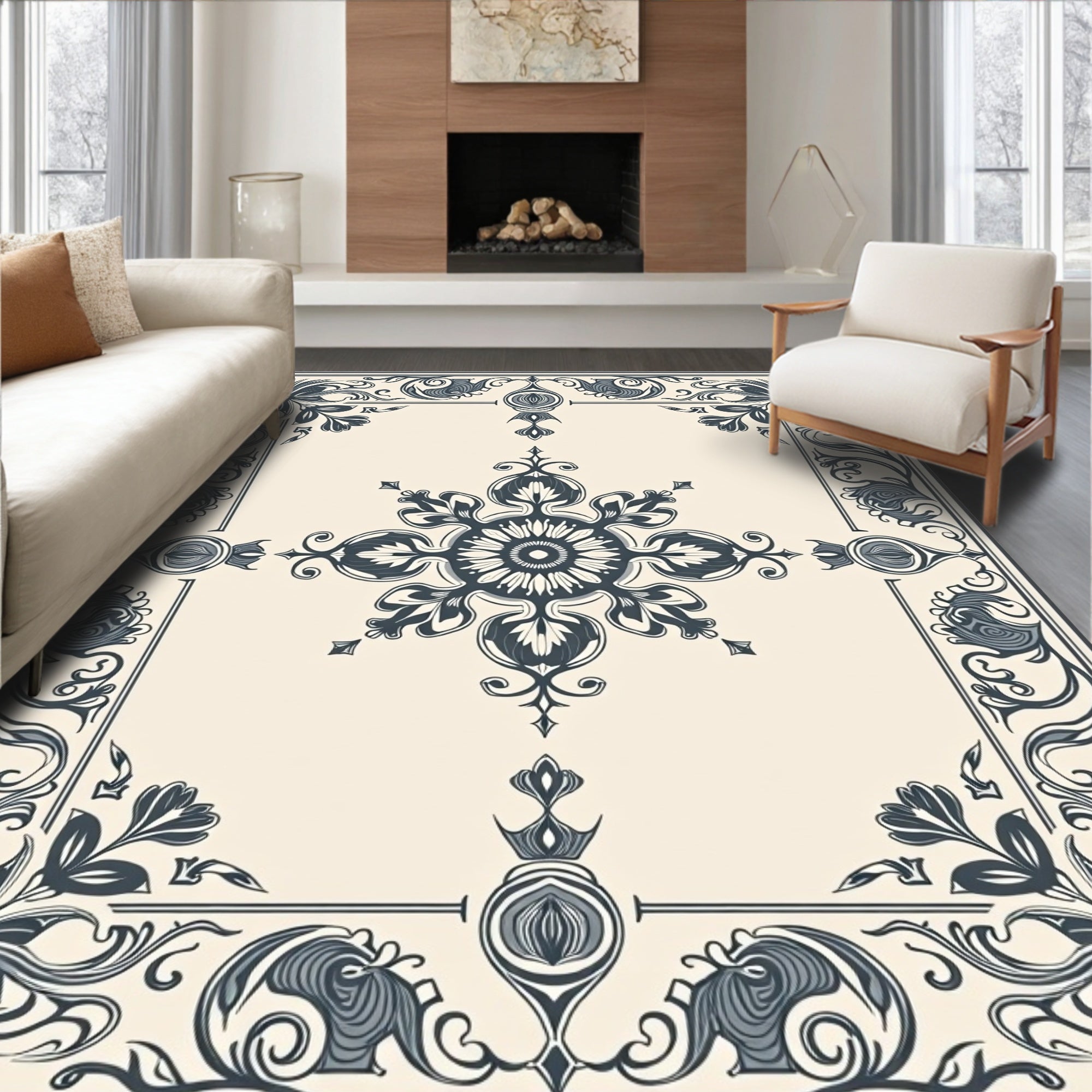 Dark Floral Patterned Elegant Rug