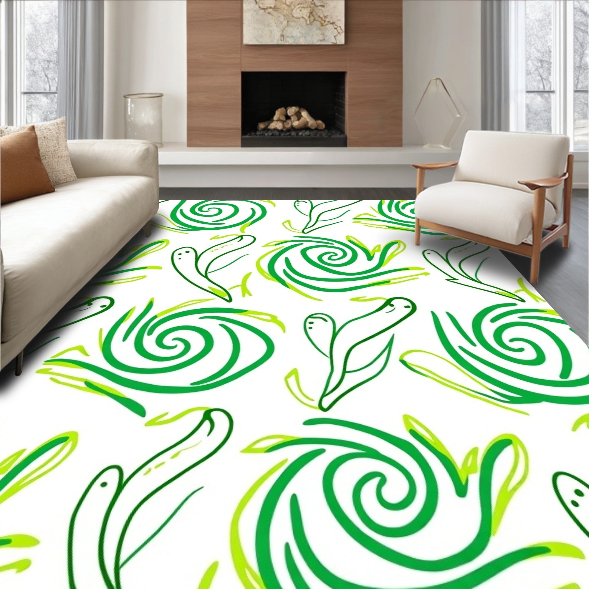Green Swirls Leafy Abstract Pattern Rug