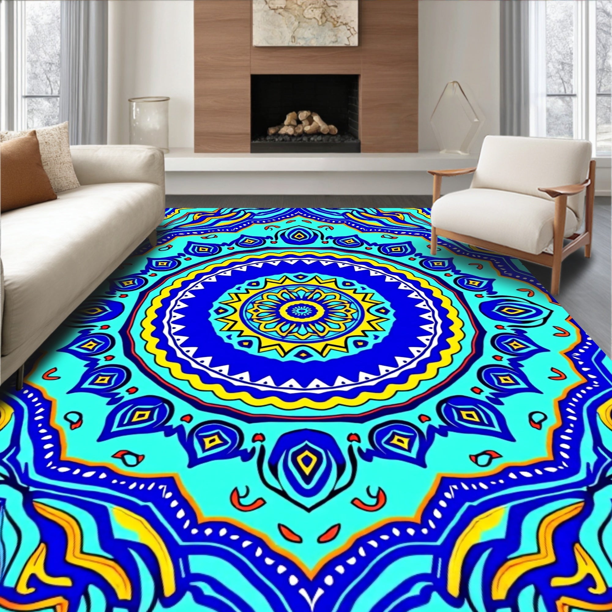 Bright Blue Yellow Mandala Design Rug