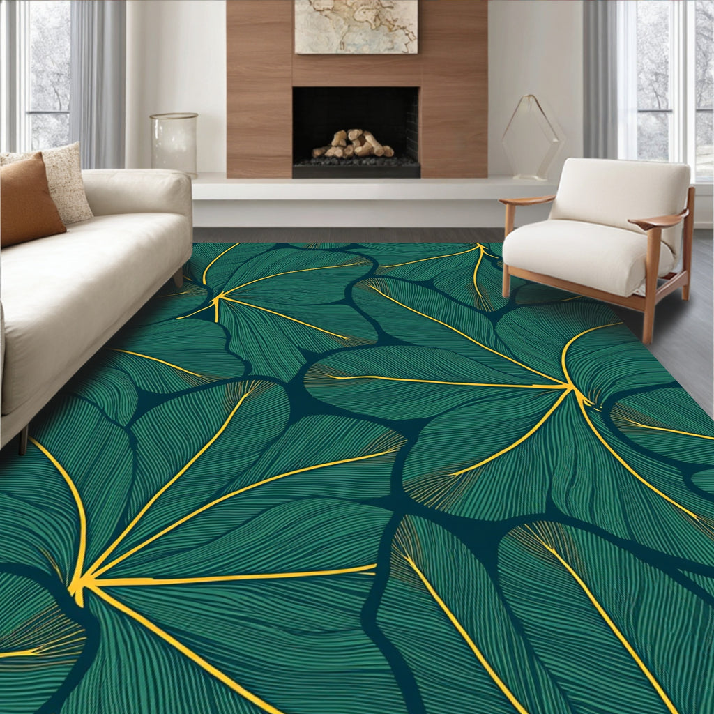 Elegant Green Yellow Leaf Pattern Rug