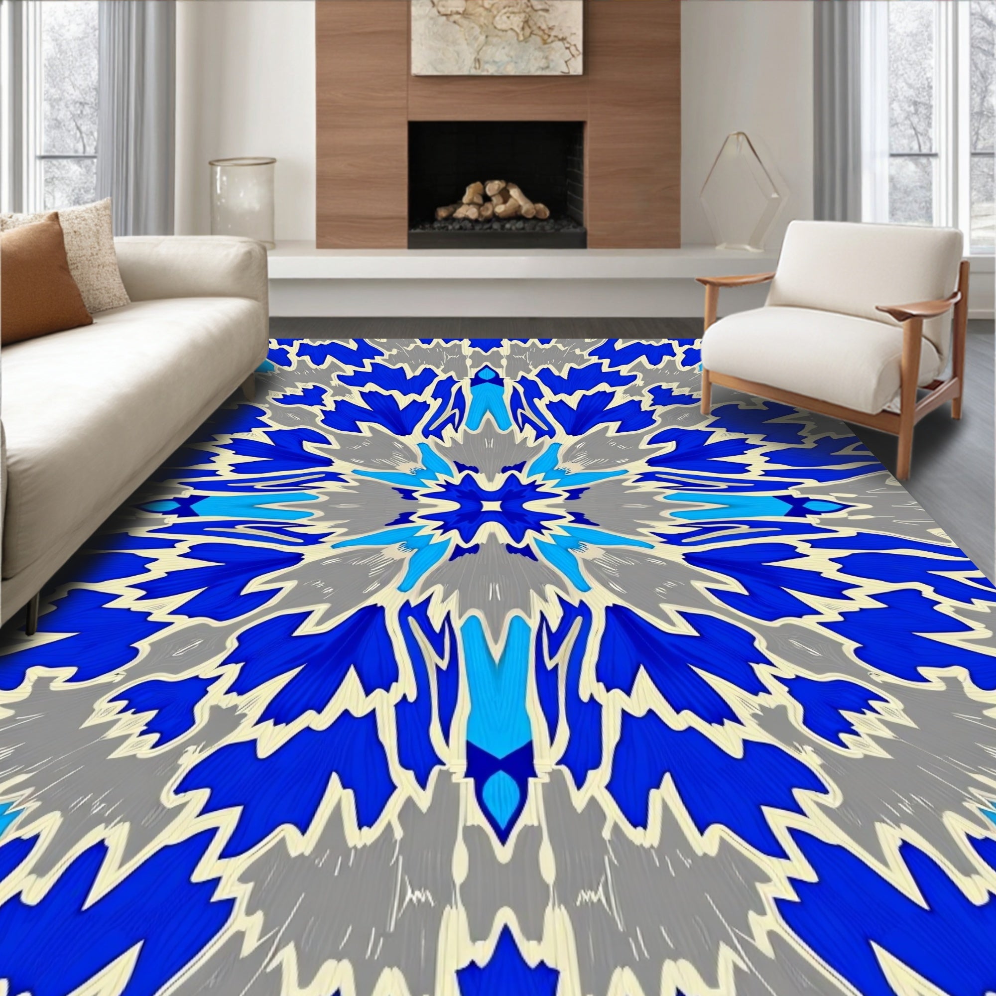 Abstract Blue Gray Floral Pattern Rug