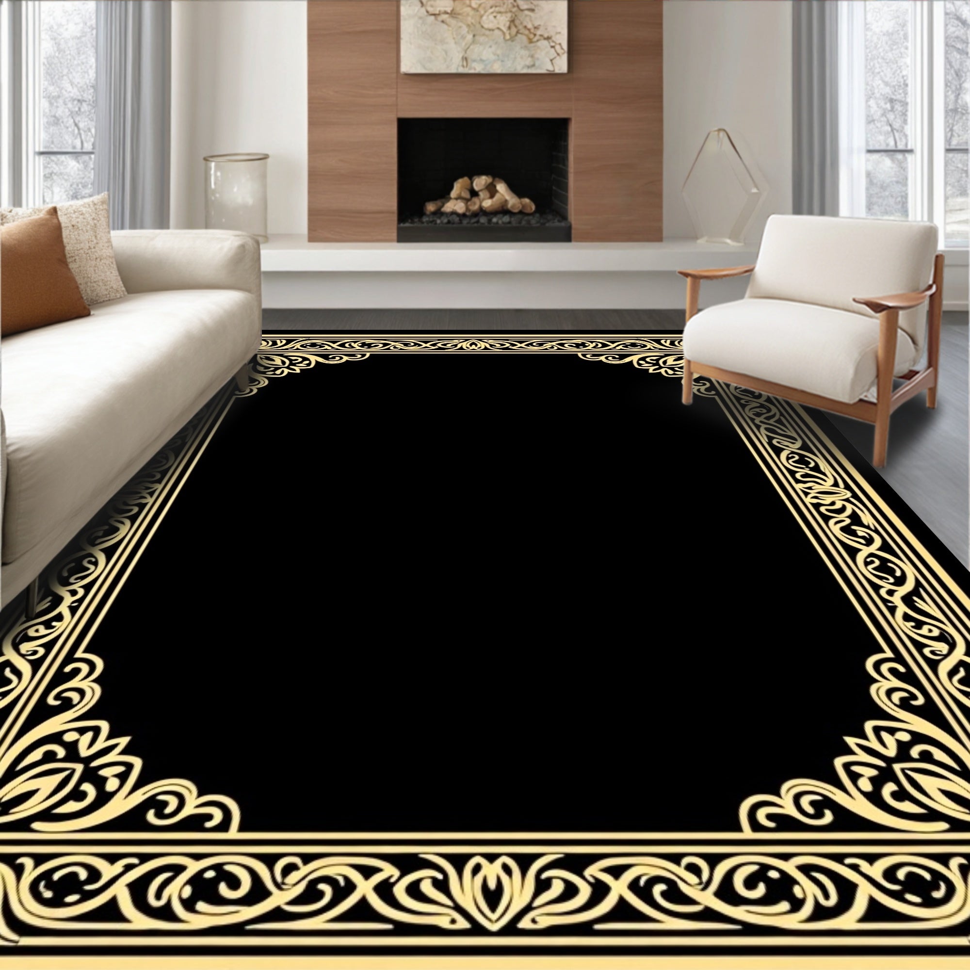 Elegant Golden Floral Scrollwork Frame Rug