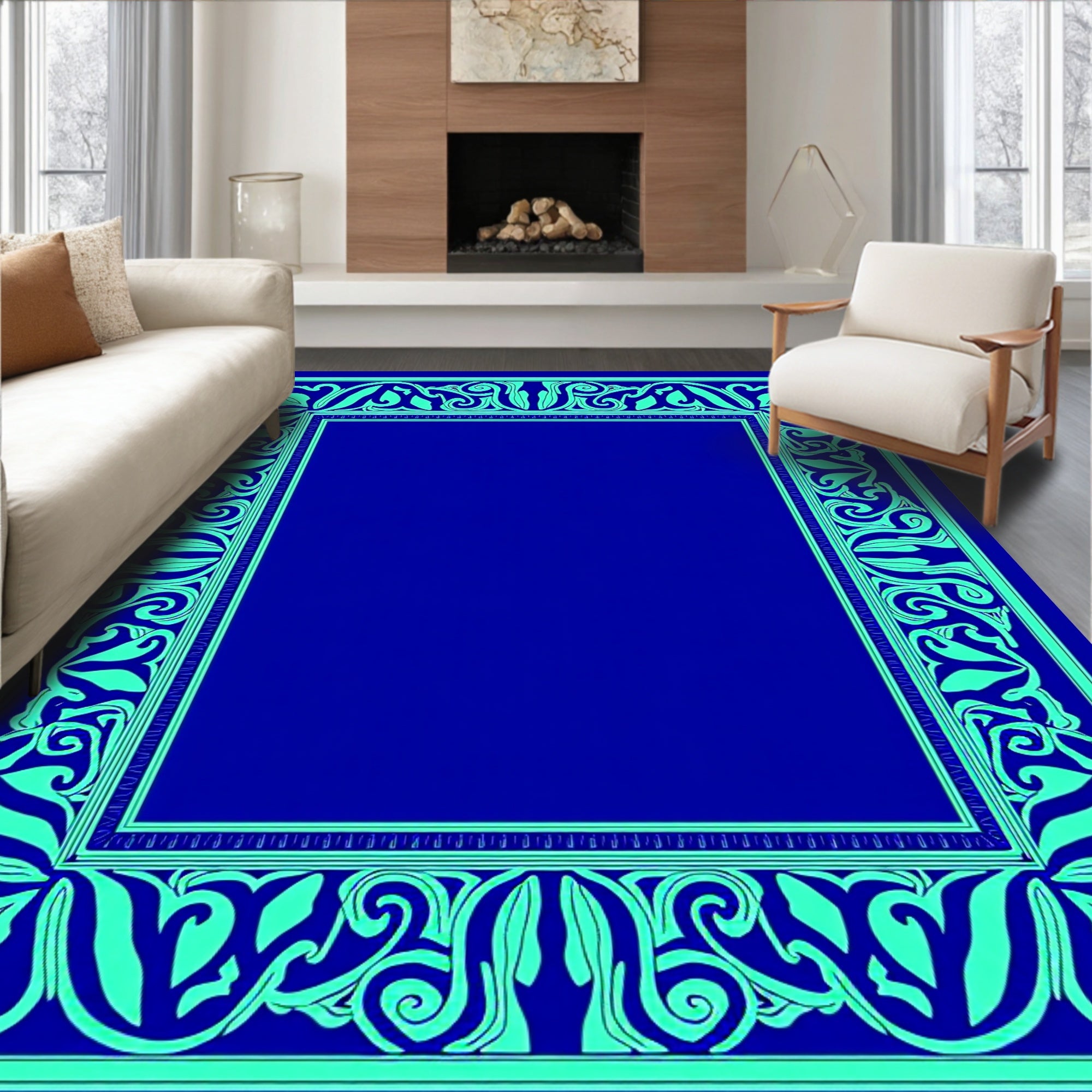 Ocean Teal Floral Scroll Frame Design Rug