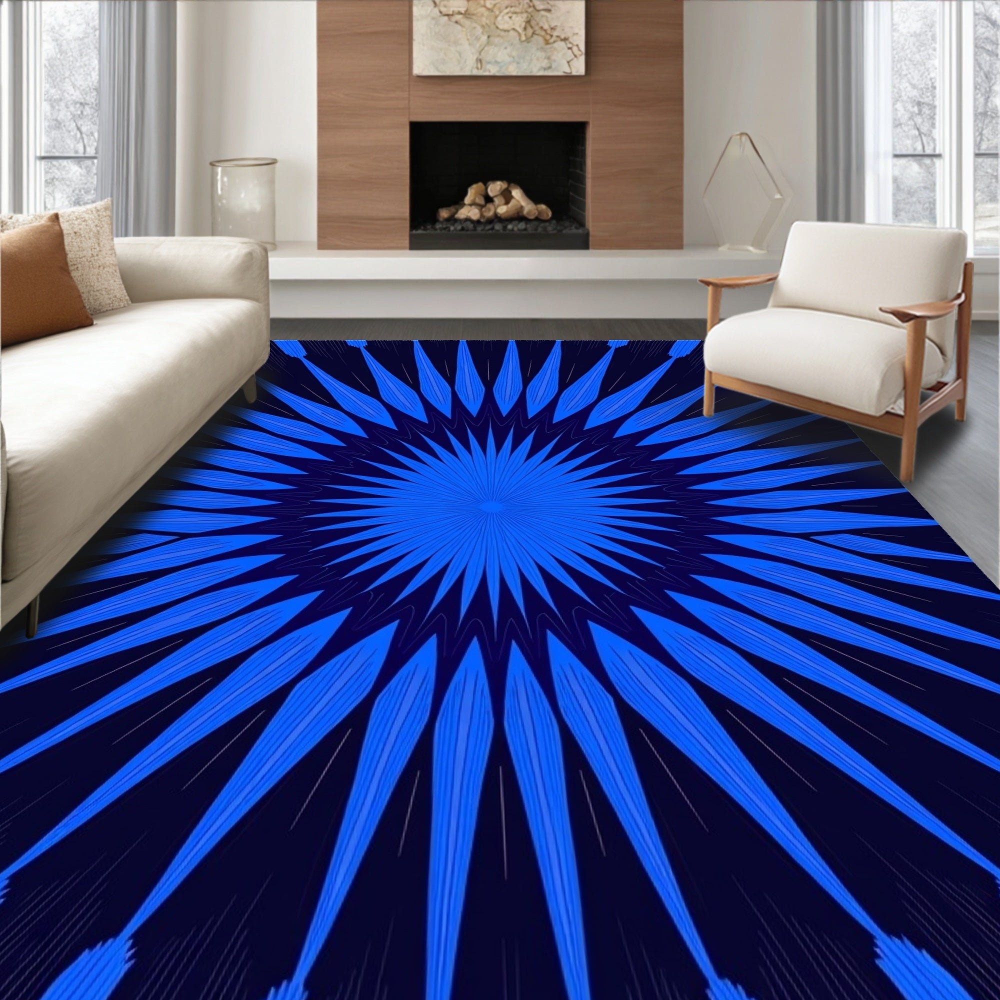 Abstract Blue Starburst Pattern Rug