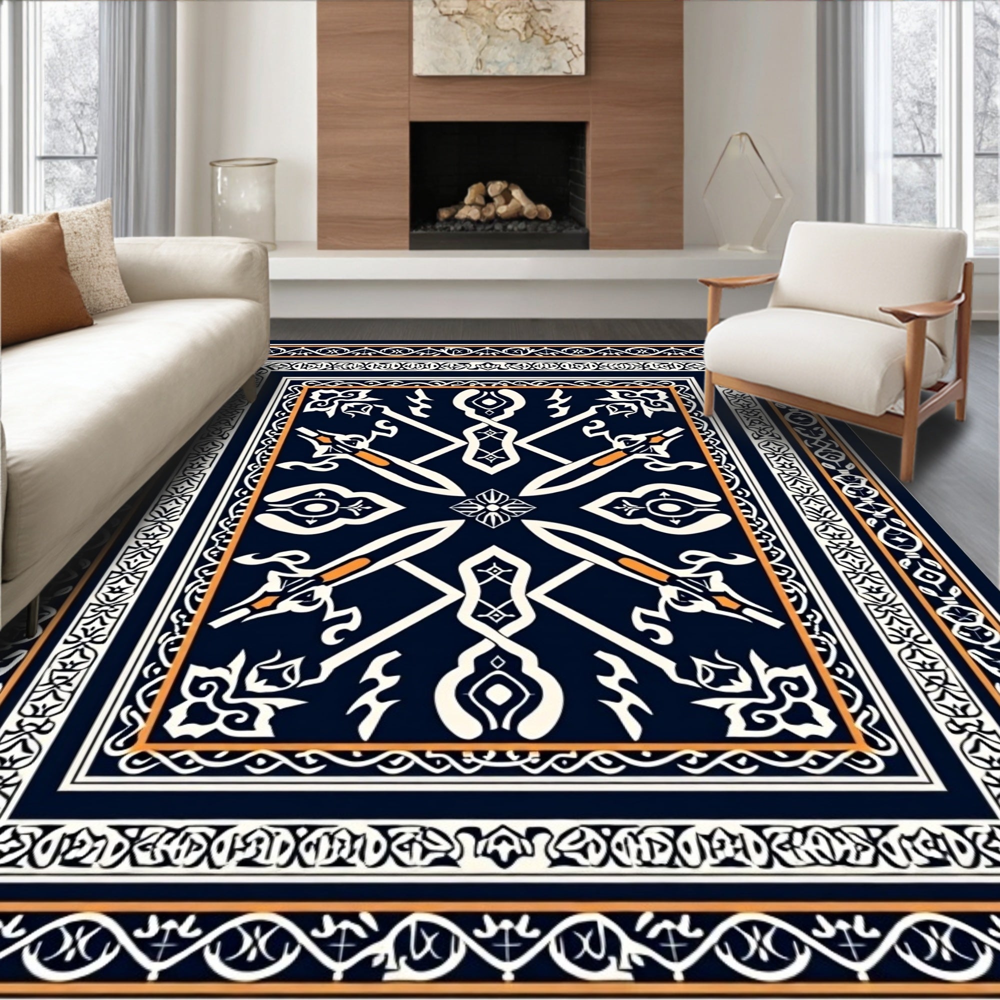 Ornate Geometric Patterned Dark Rug