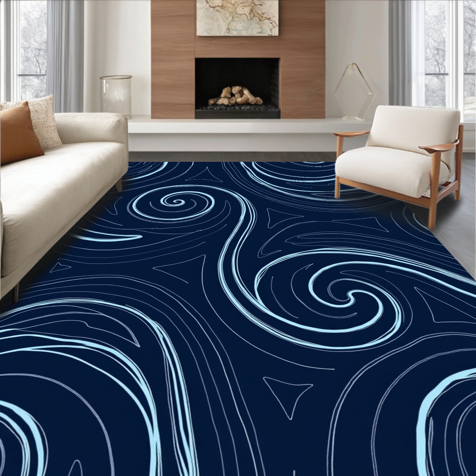 Navy Swirling Lines Pattern Rug
