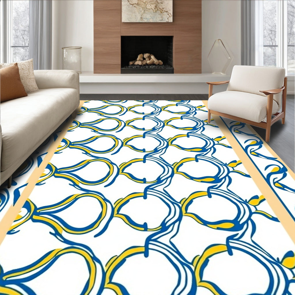 Banded Blue Yellow Abstract Swirl Pattern Rug