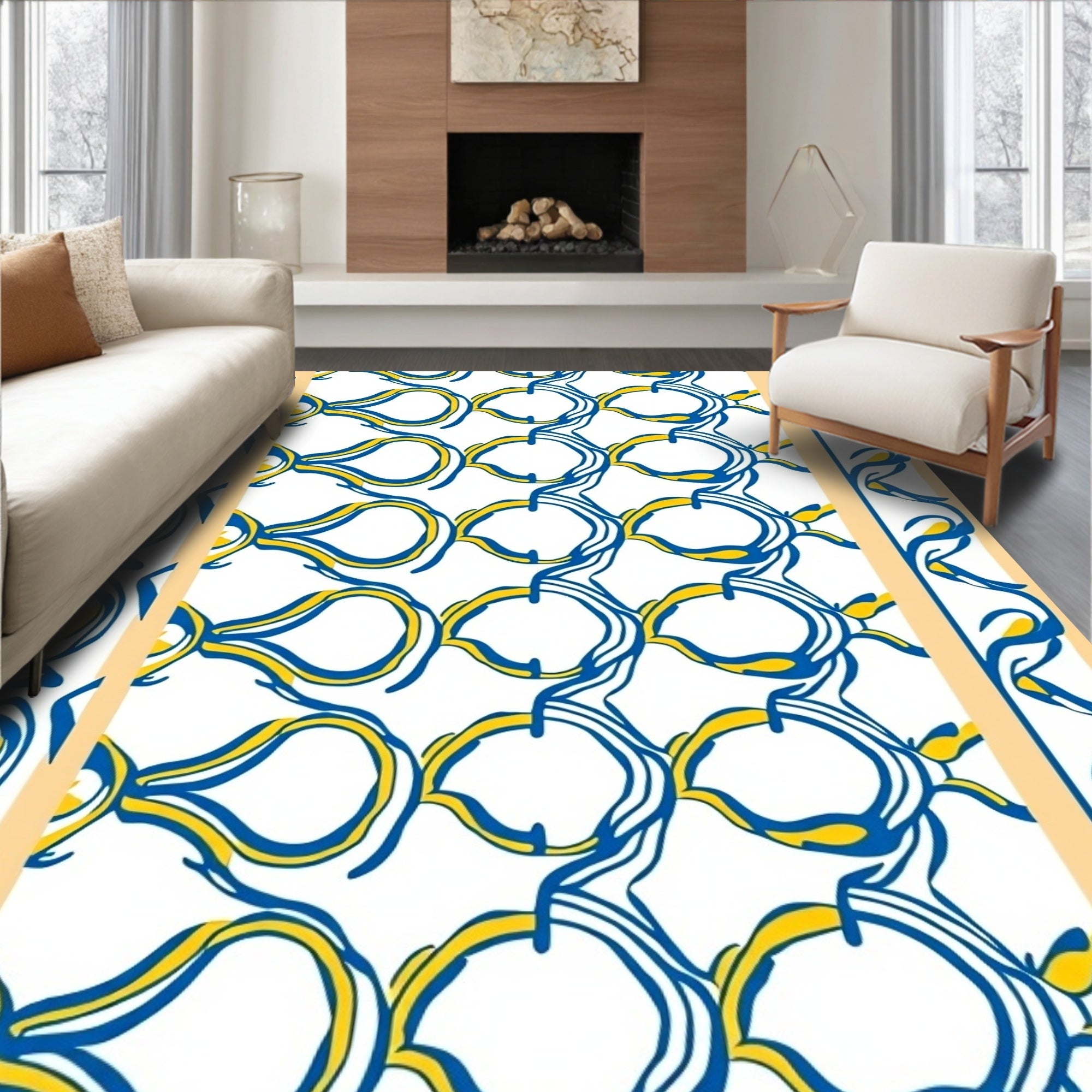 Banded Blue Yellow Abstract Swirl Pattern Rug