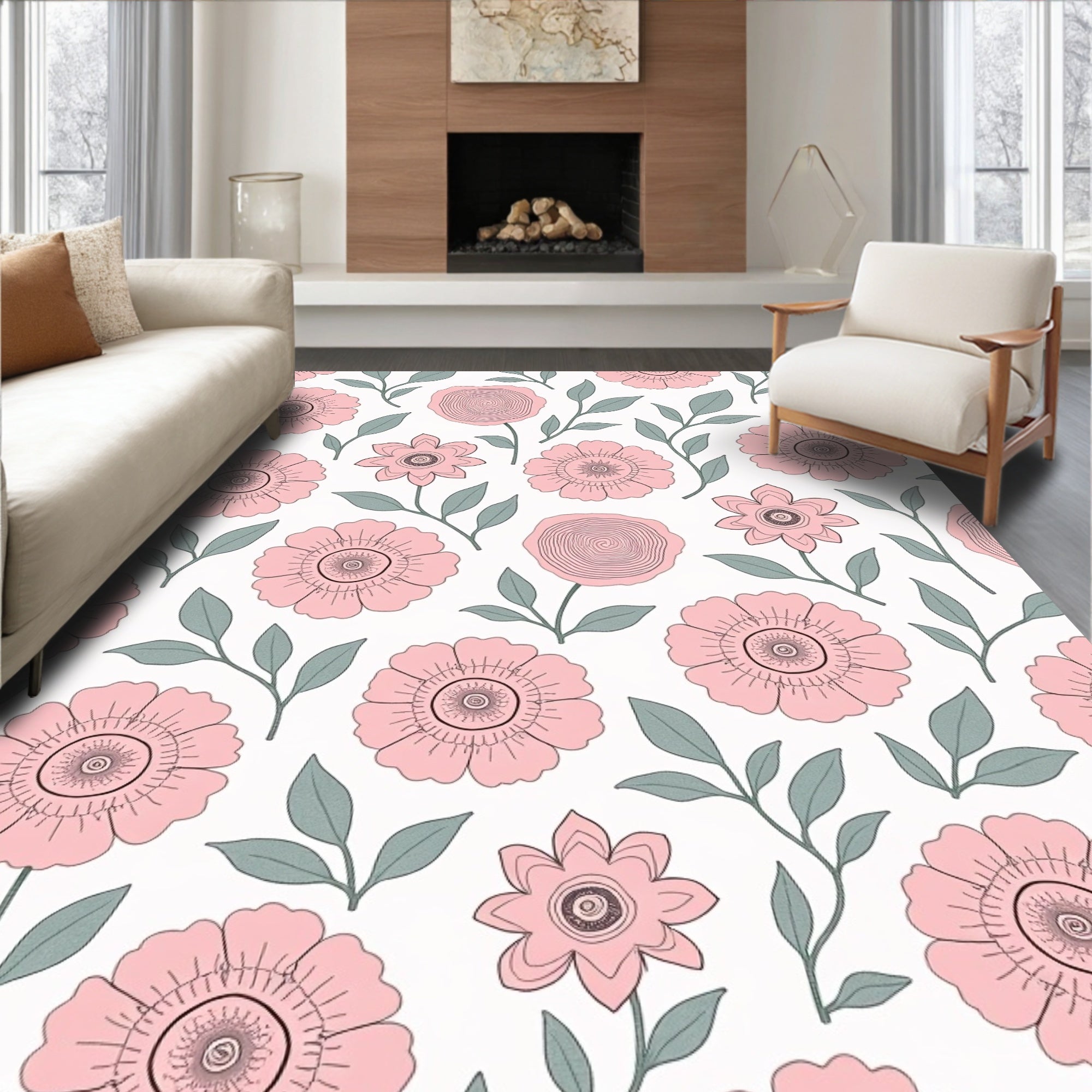 Whimsical Pink Floral Pattern Rug