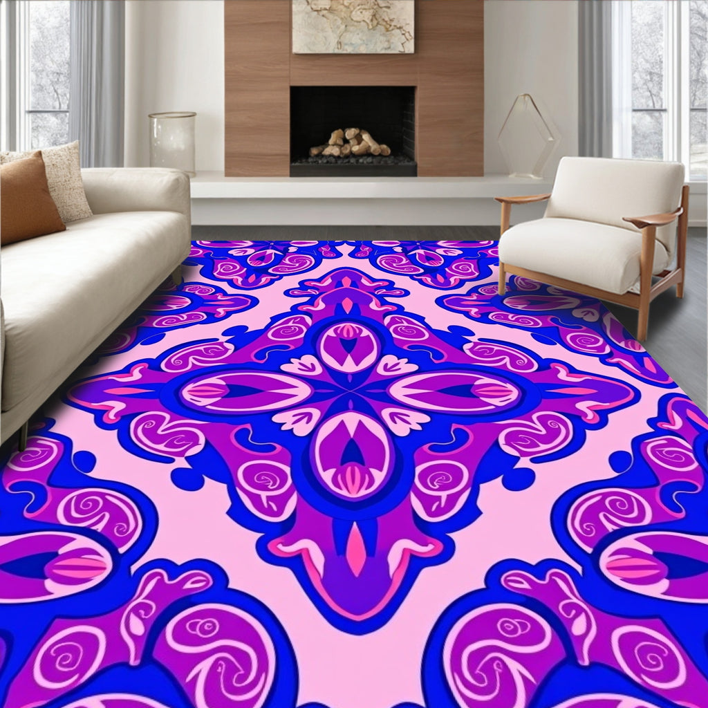 Pink Blue Floral Swirl Pattern Rug