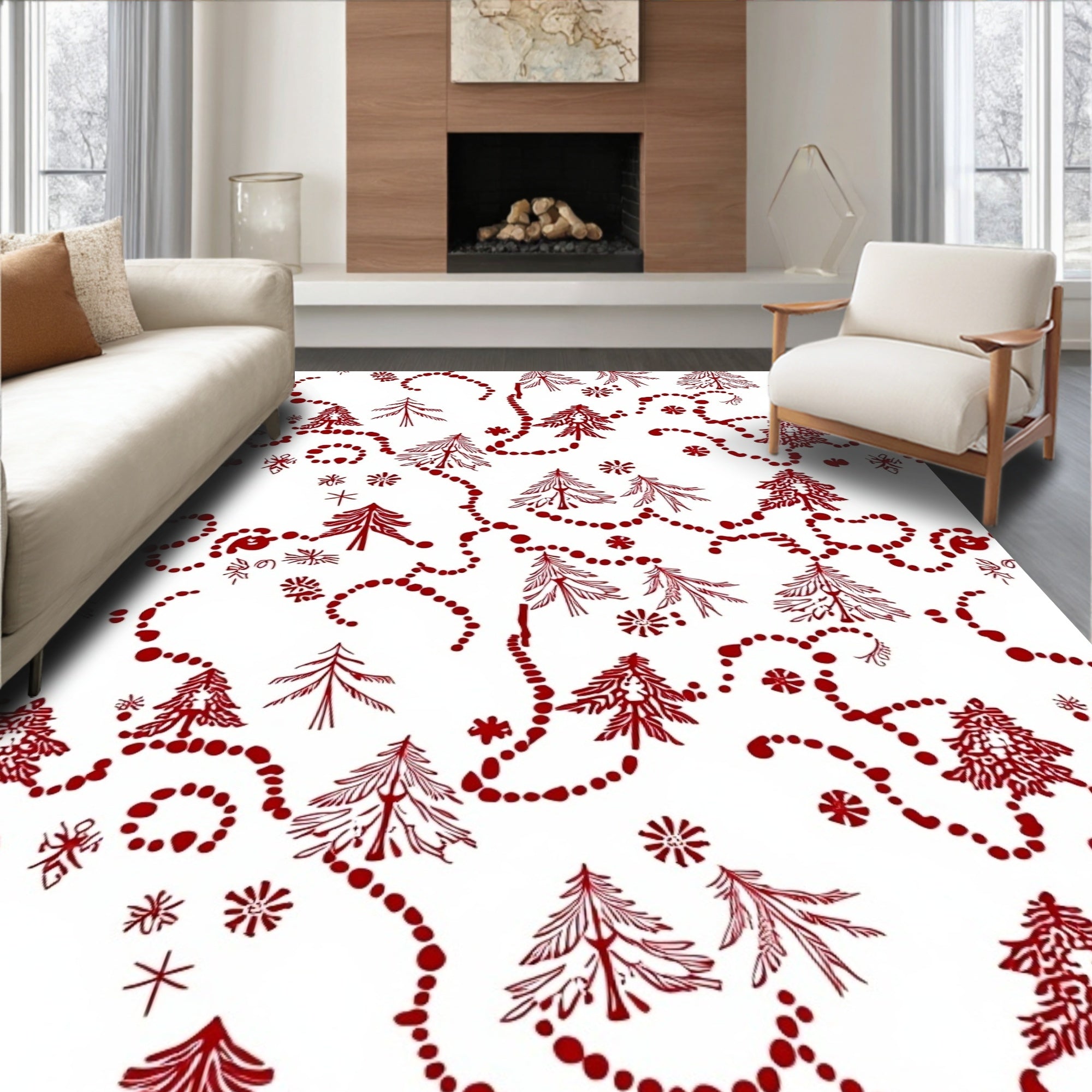 Red Festive Fir Garland and Snowflakes Rug