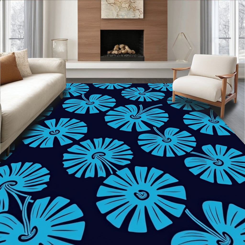 Bright Blue Floral Fan Pattern Rug