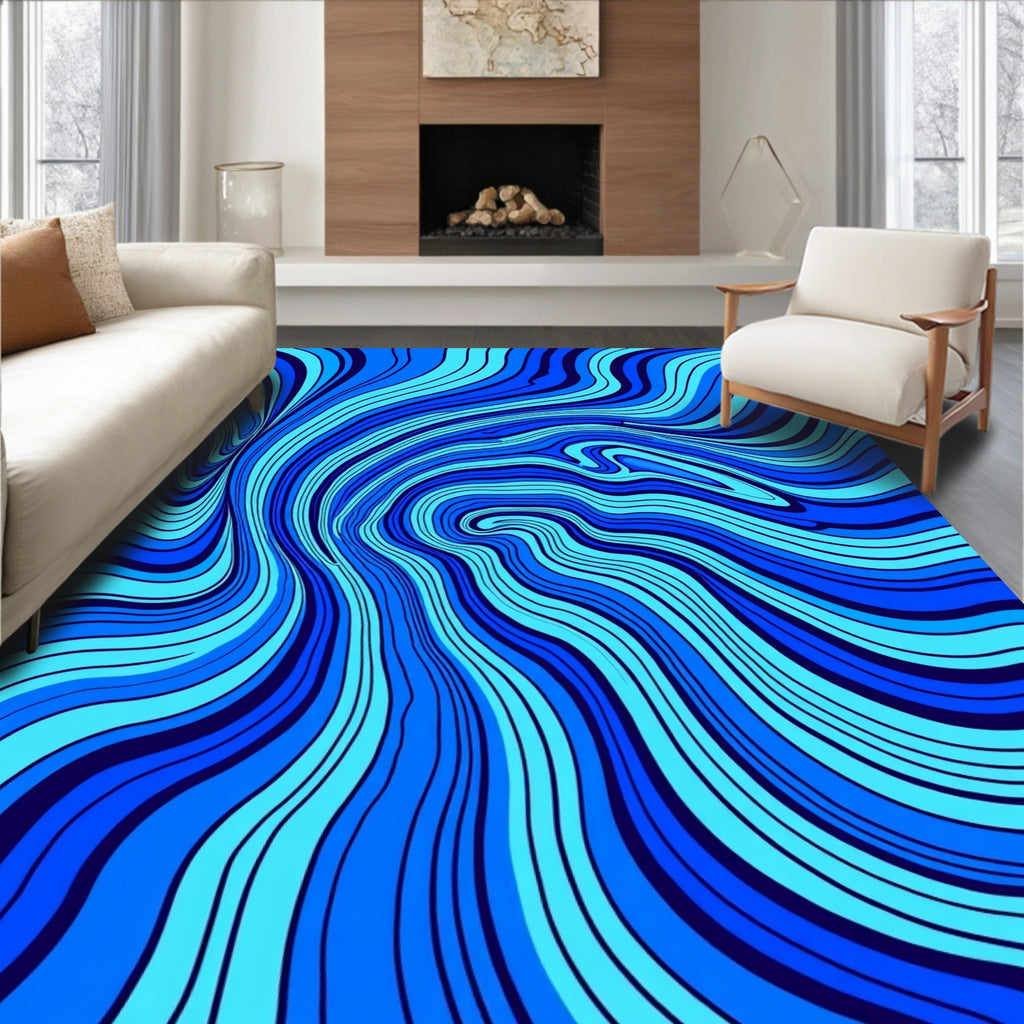 Cool Blue Wavy Stripes Pattern Rug