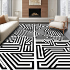 Bold Black White Geometric Maze Pattern Rug