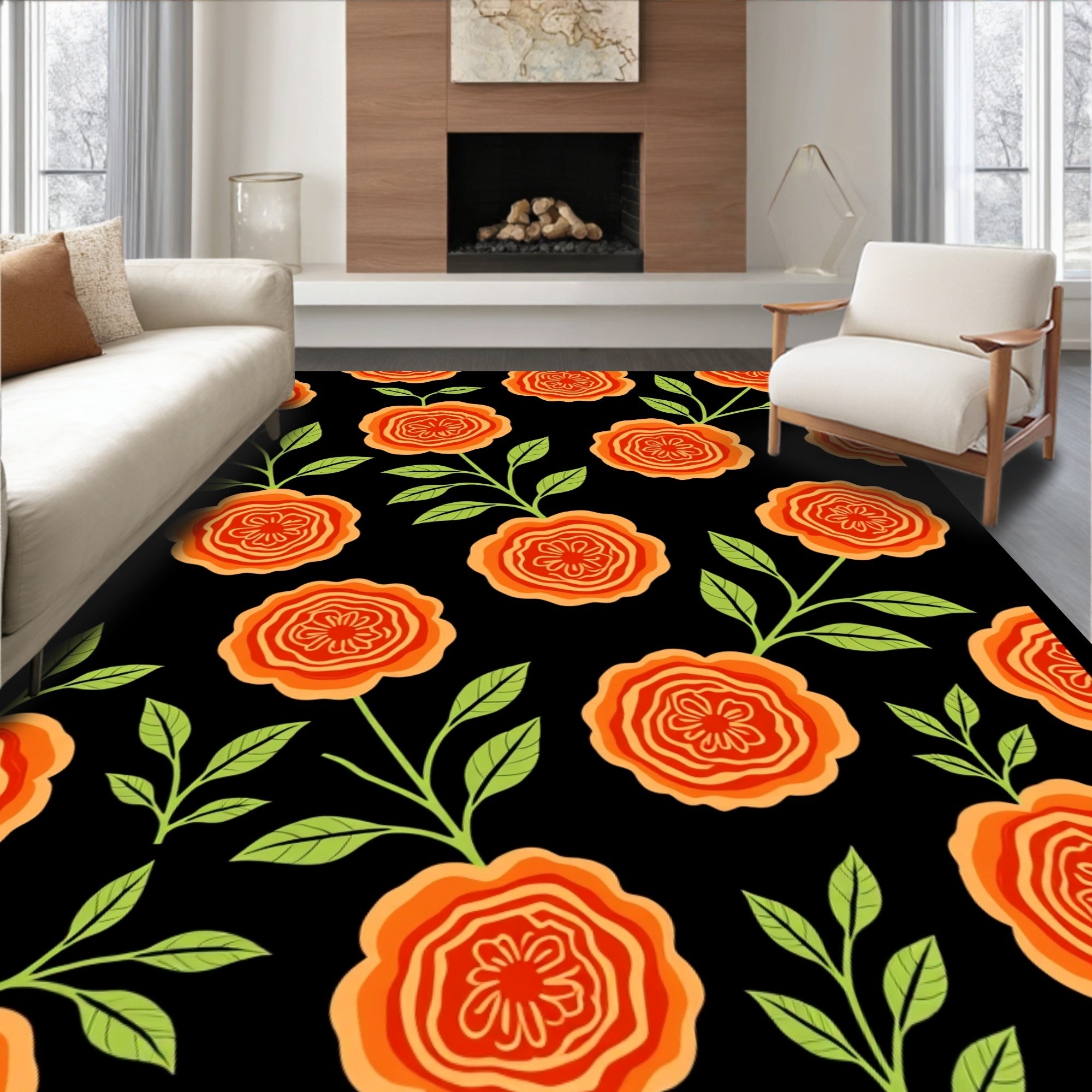 Orange Floral Pattern With Green Leaves Rug