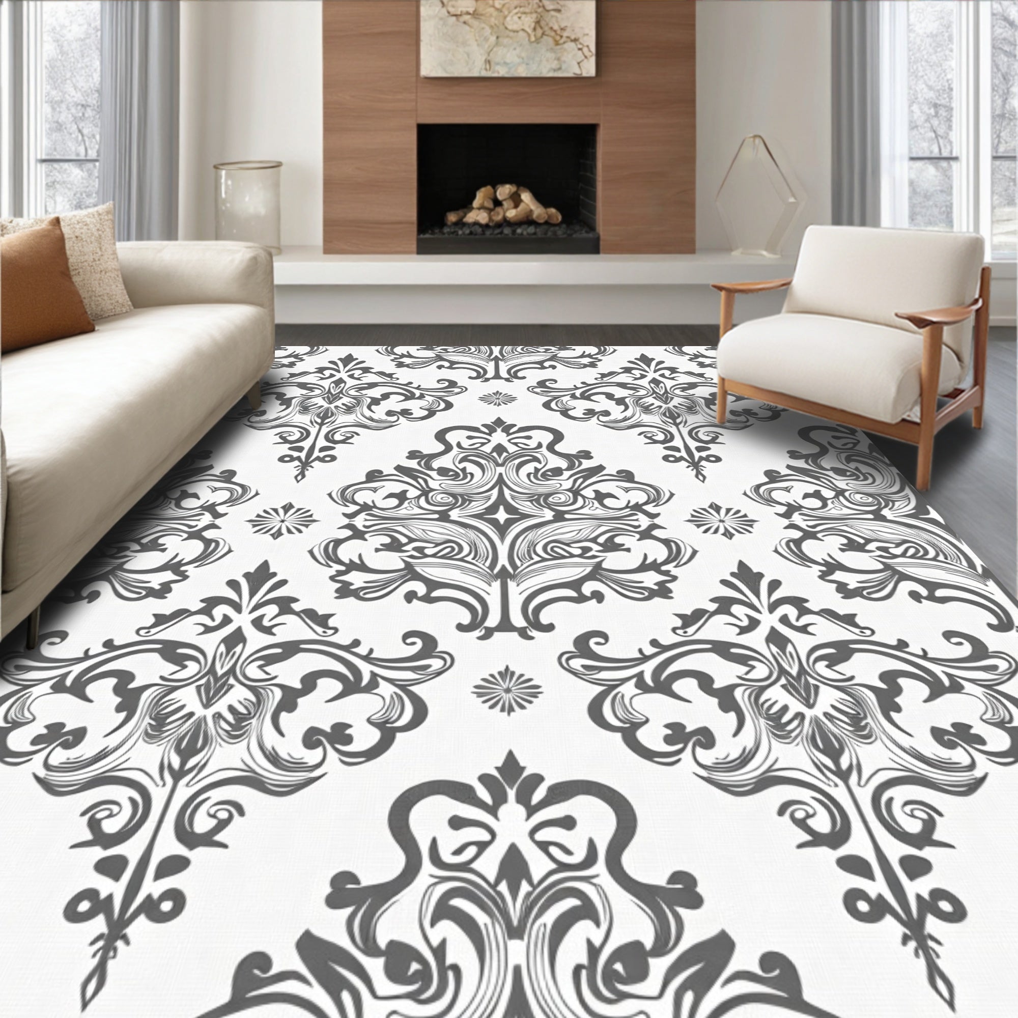 Classic Gray White Damask Pattern Rug