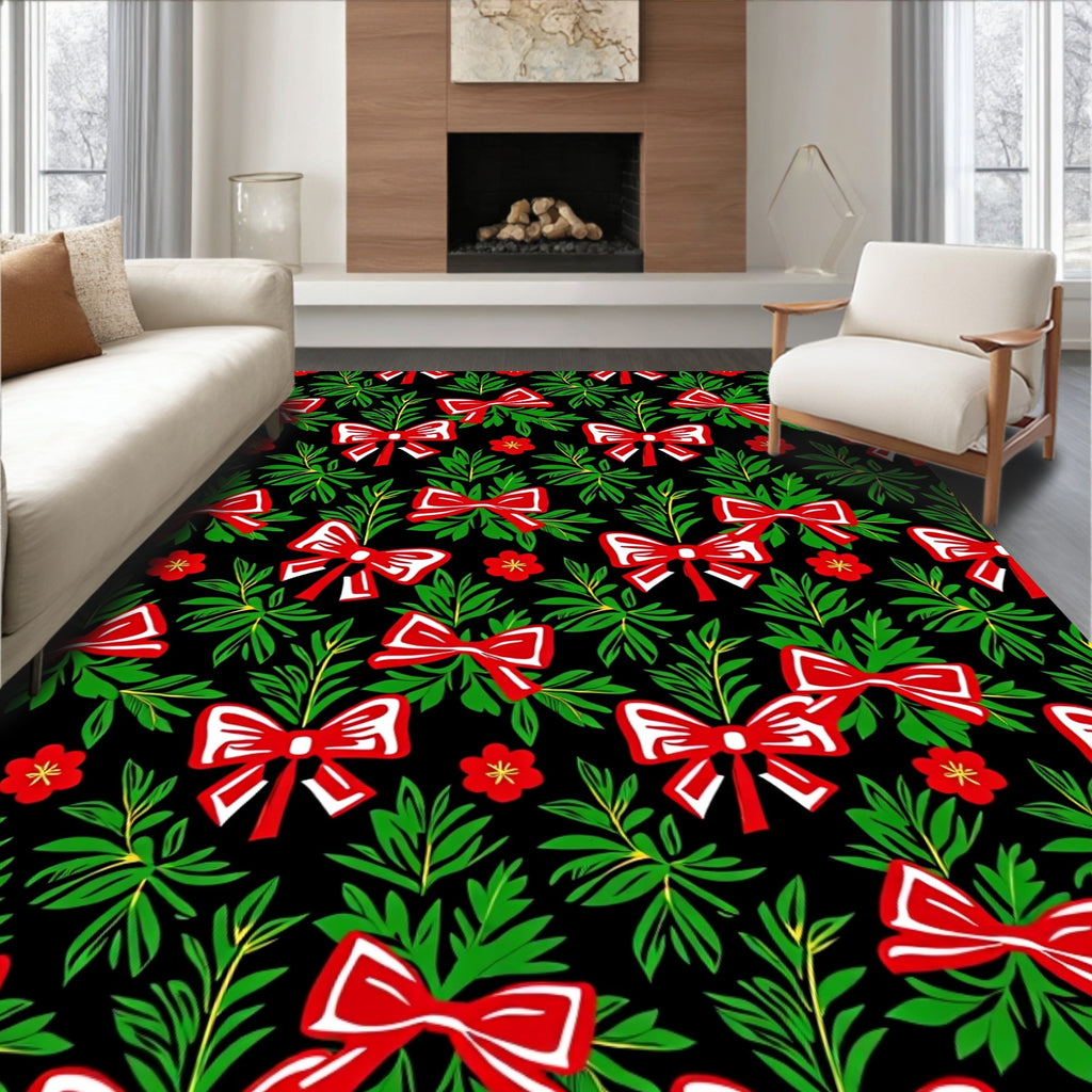 Red Bow Green Holiday Foliage Rug