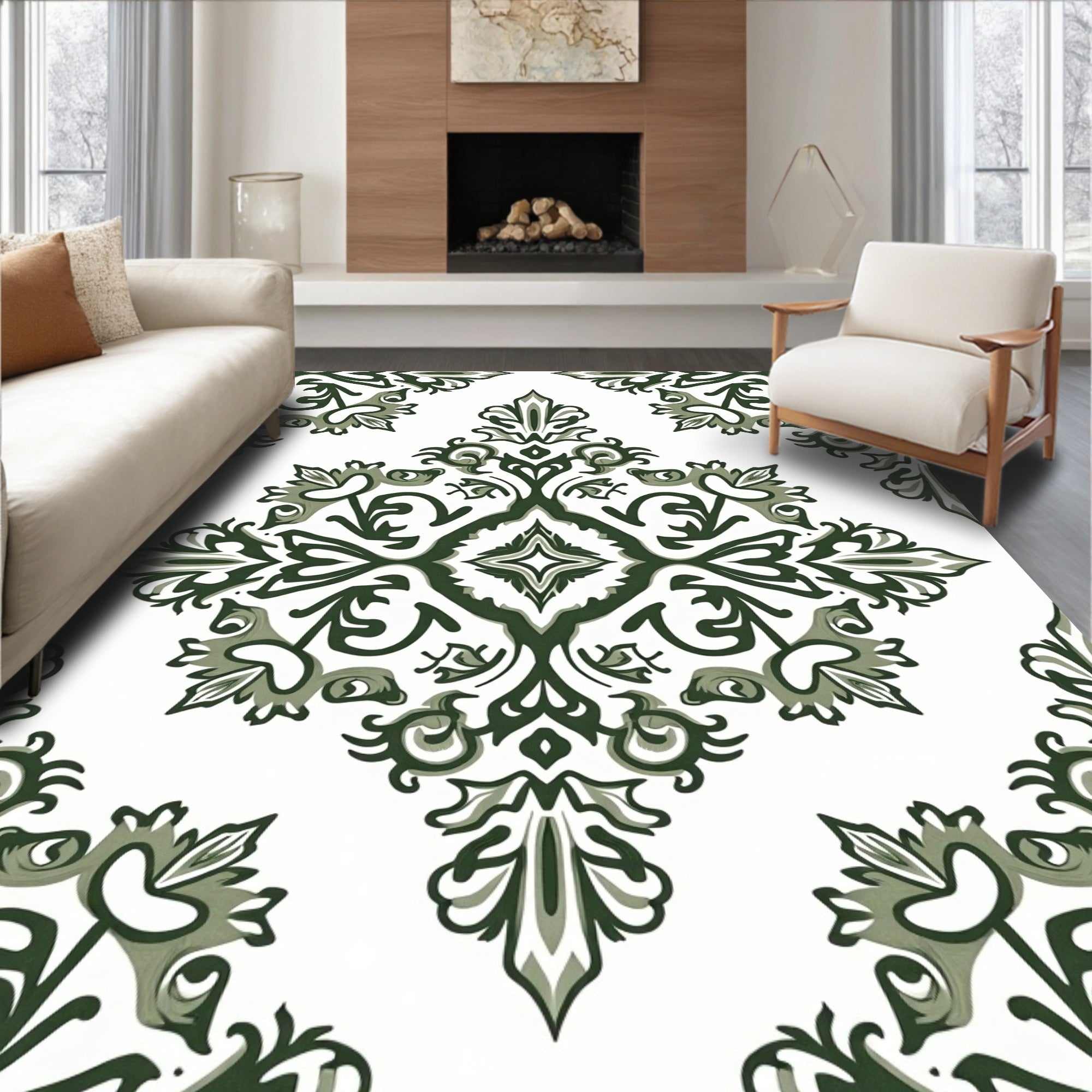 Classic Damask Floral Scroll Pattern Rug