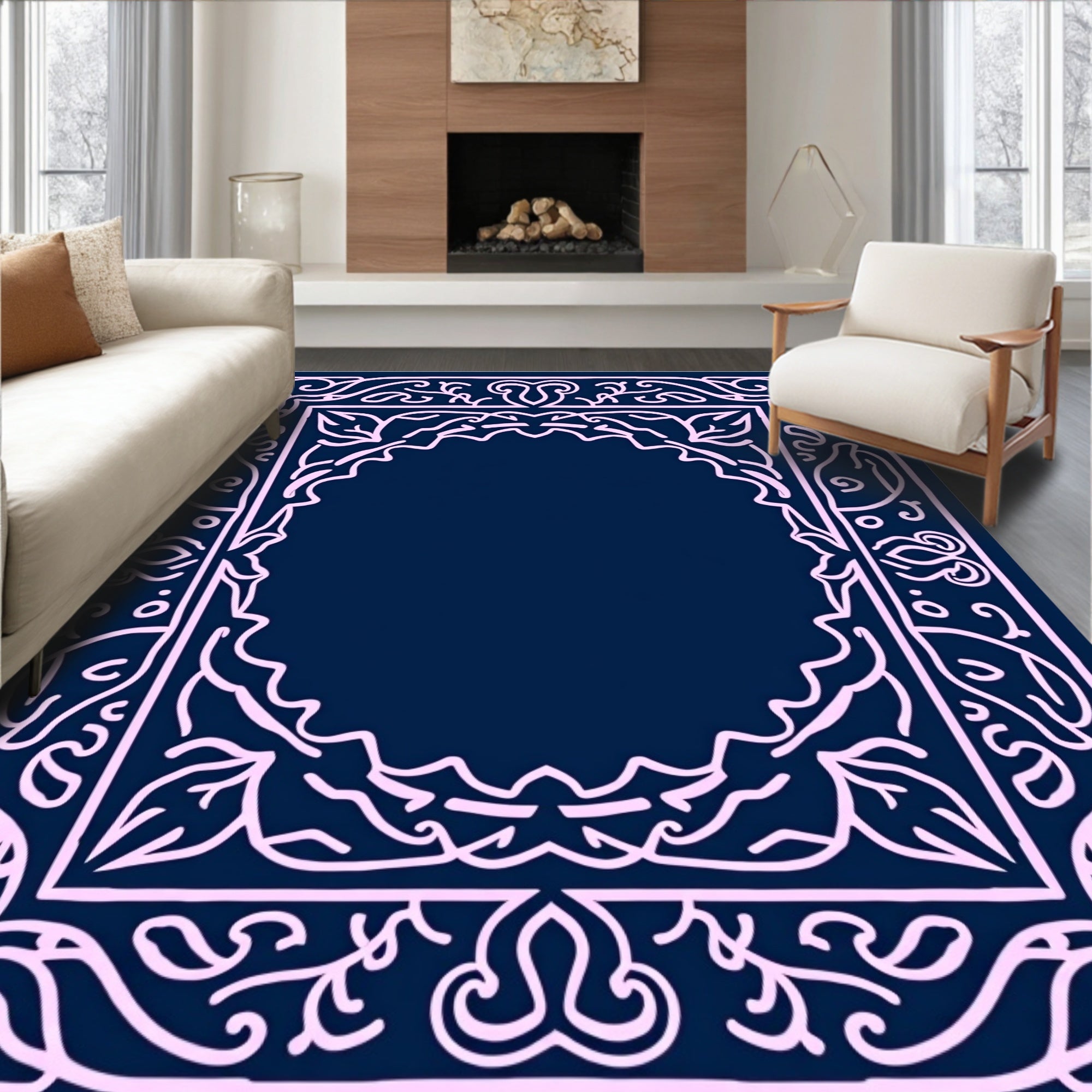 Ornate Pink Scrollwork Outline Design Rug