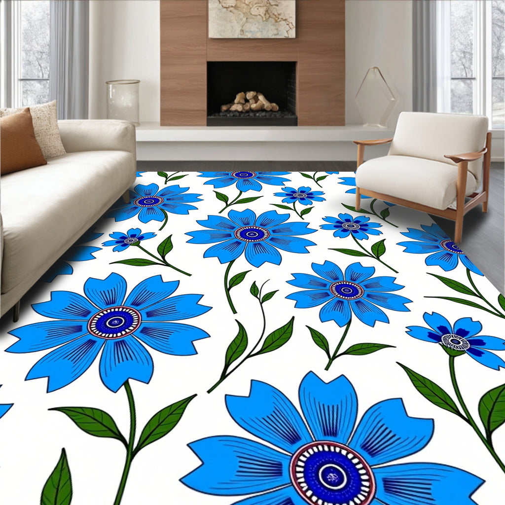 Bright Blue Daisy Floral Tile Rug