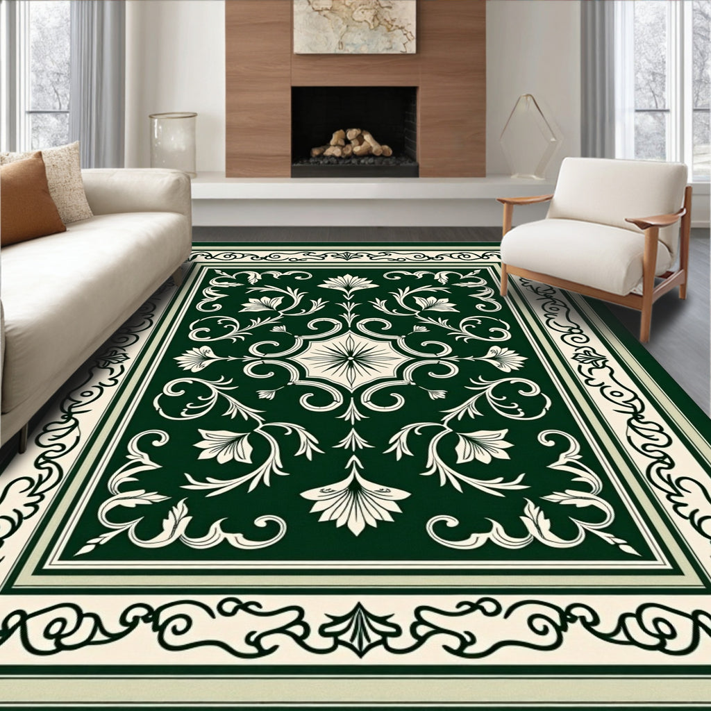 Elegant Green Floral Scrollwork Pattern Rug