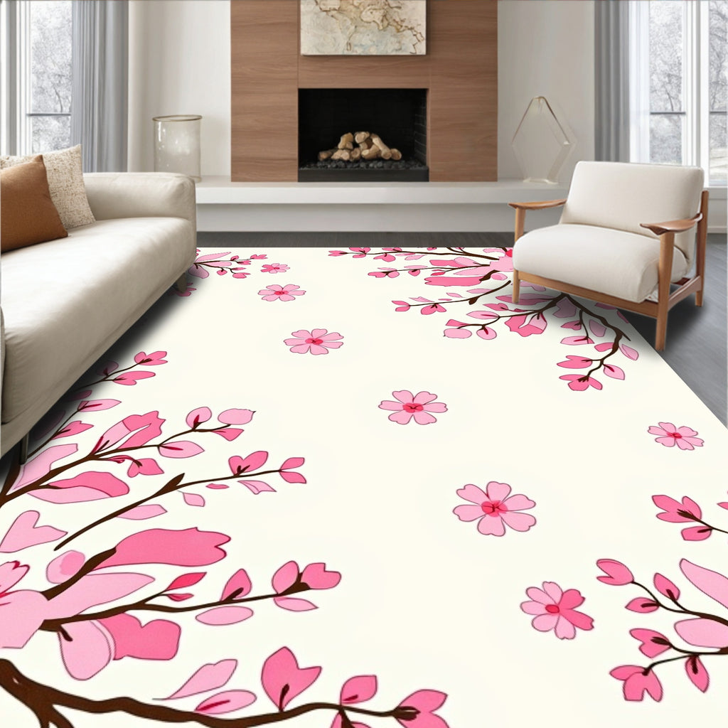 Pink Cherry Blossom Branch Pattern Rug