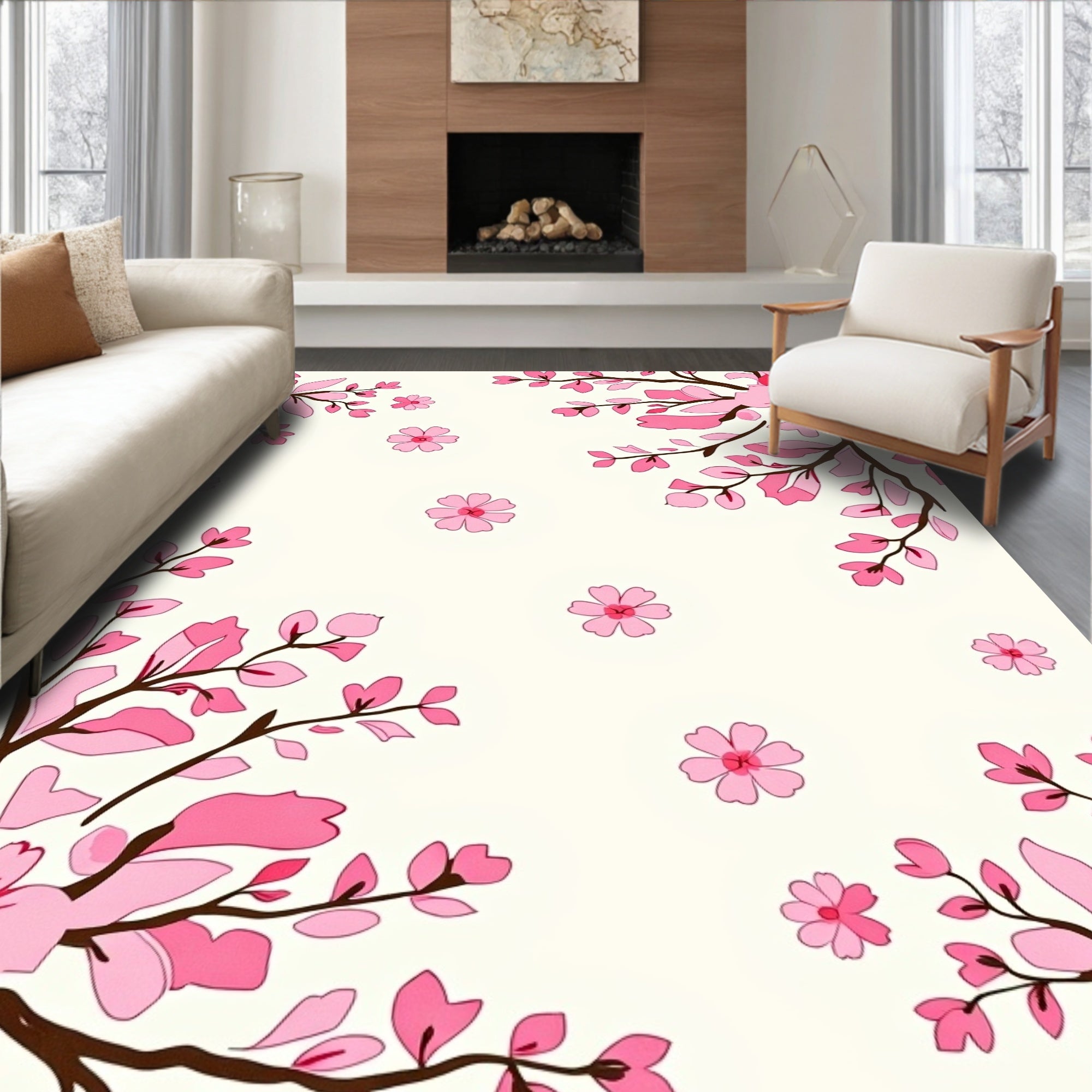 Pink Cherry Blossom Branch Pattern Rug