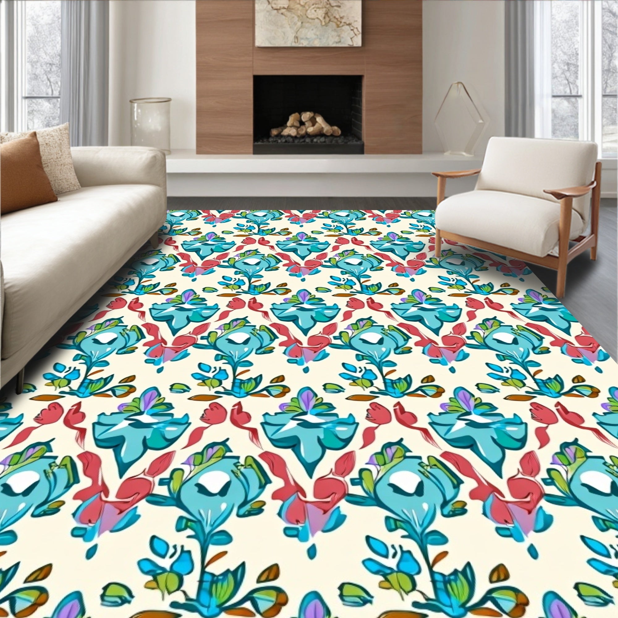 Vibrant Floral Damask Pattern Rug