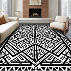 Bold Black White Geometric Maze Design Rug