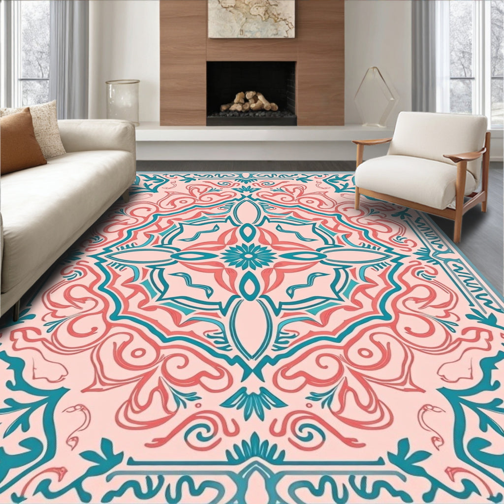 Coral Teal Floral Mandala Design Rug