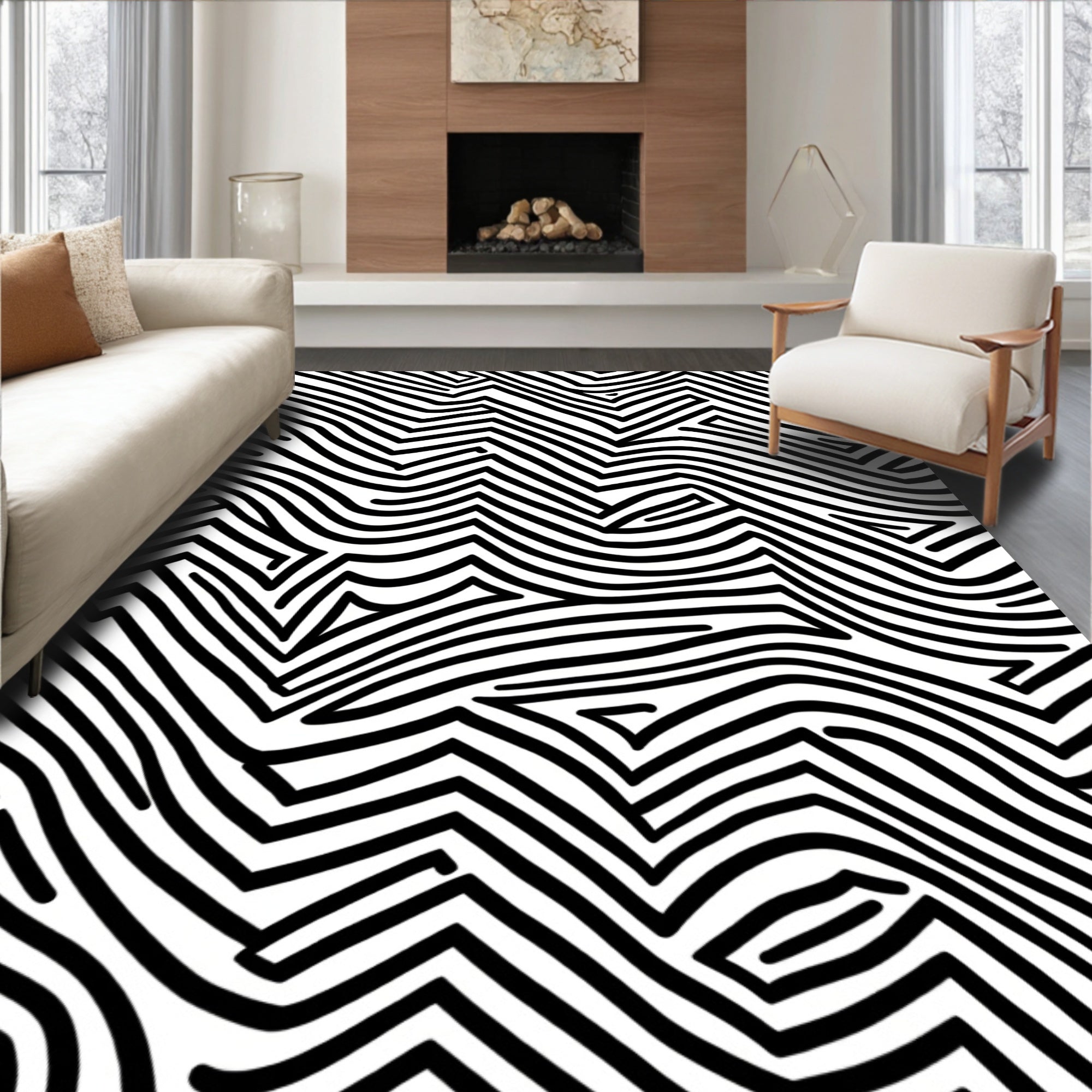 Abstract Black White Maze Design Rug